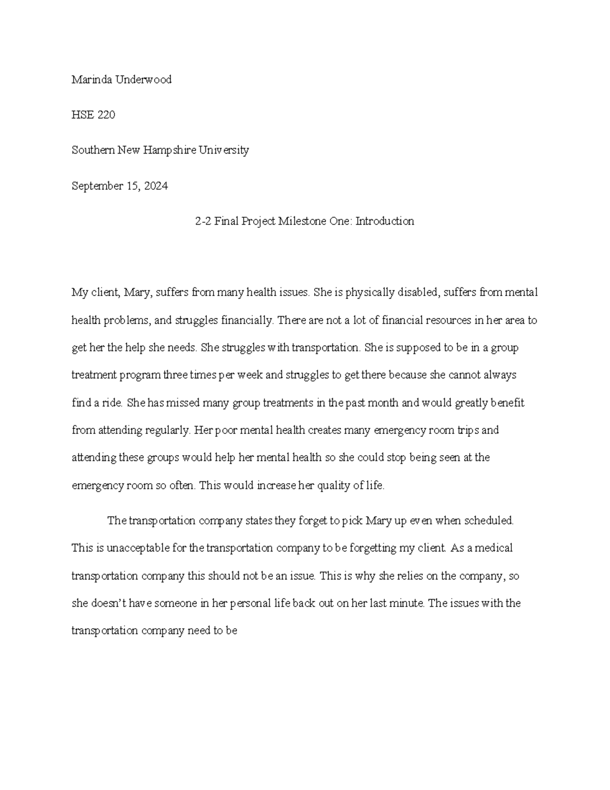 HSE220 Mod 2 Final Project Milestone 1: Client Case Study on Mary - Studocu