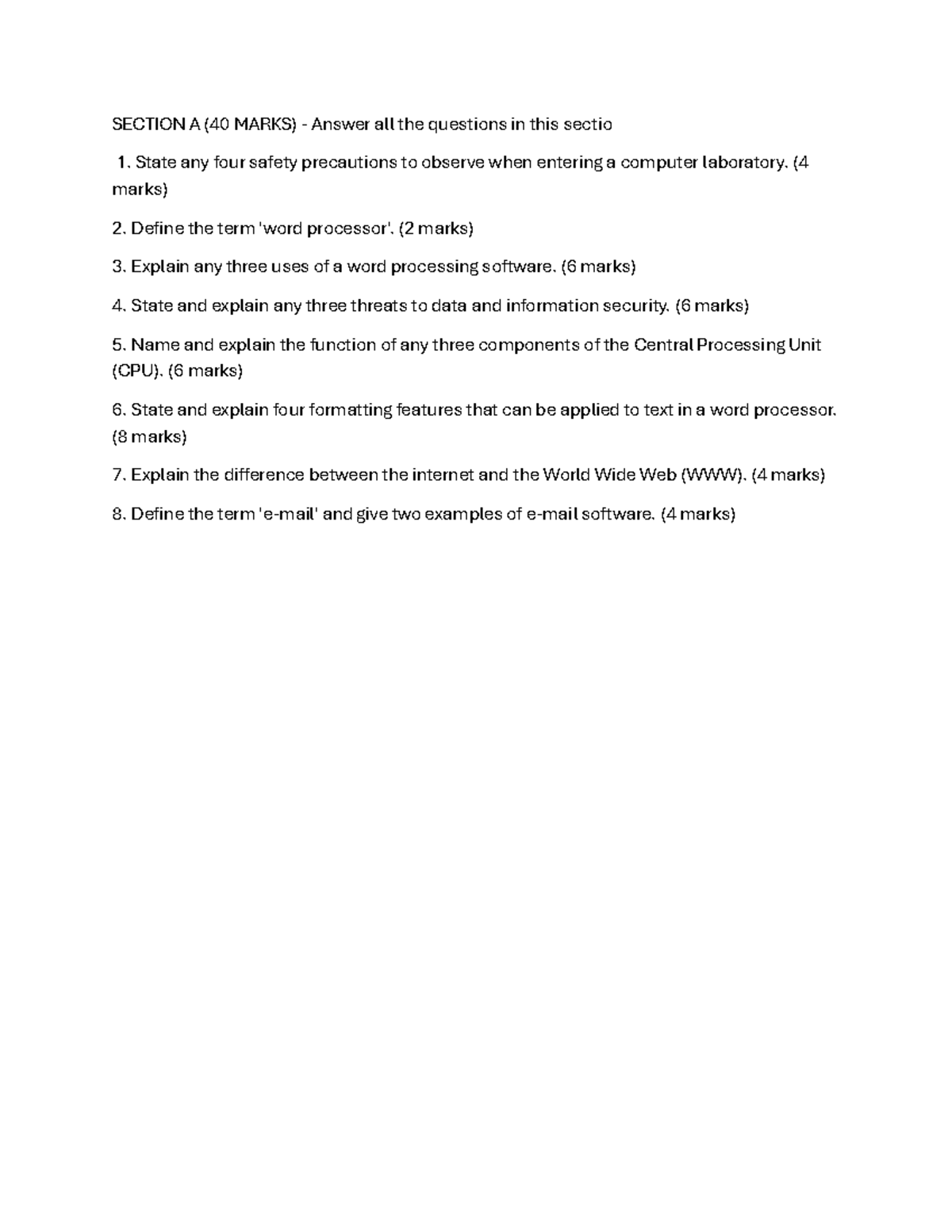 Comp Form 3 - Revision: Computer Lab Safety & Software Uses - Studocu
