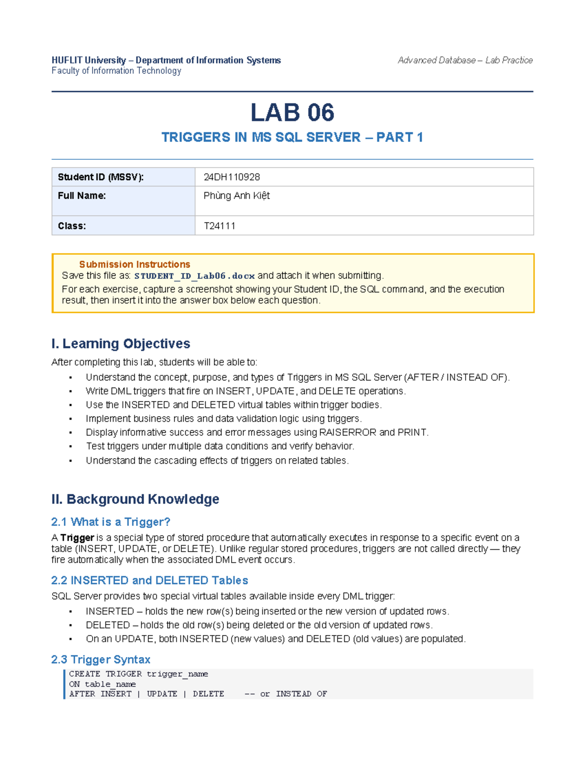 Lab 06: Triggers in MS SQL Server - Advanced Database Practice (HUFLIT ...