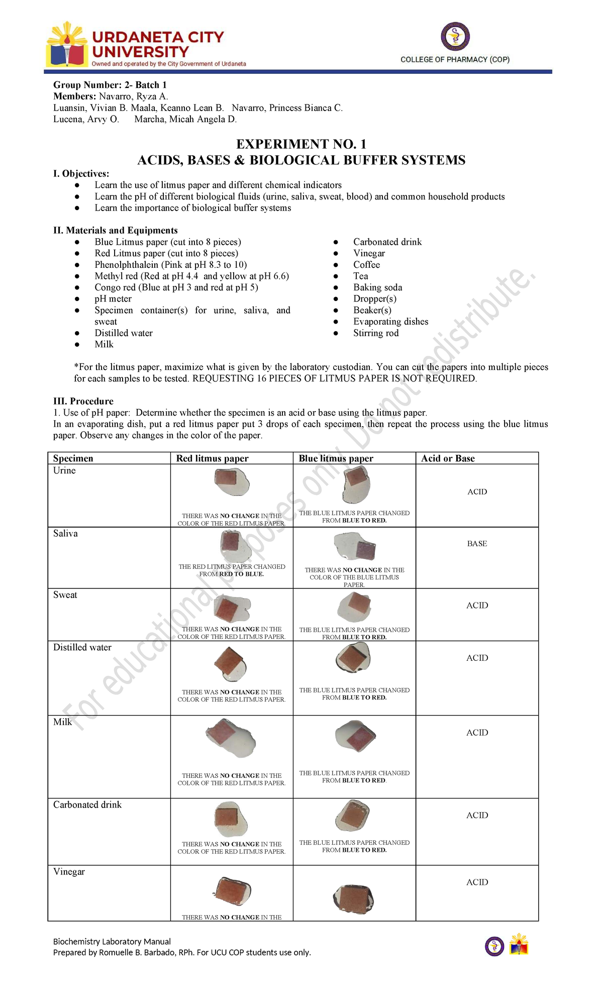 Biochemistry Lab Manual: Experiments on Acids, Bases, and Proteins (UCU ...