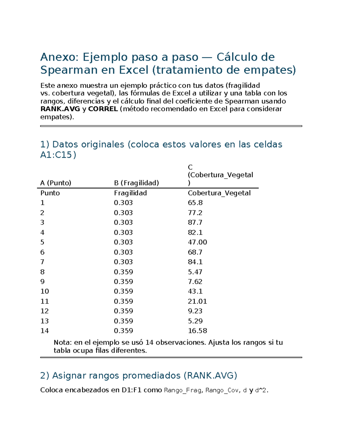 Anexo: Ejemplo Paso a Paso Cálculo de Spearman en Excel - Studocu