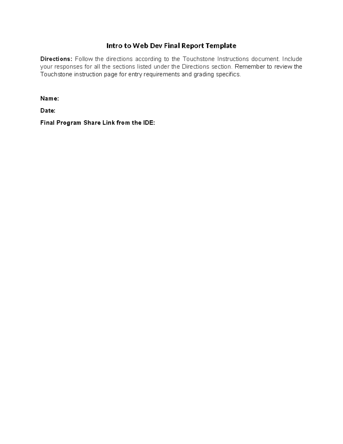 Web Dev 101 Final Report Template: Touchstone Instructions - Studocu