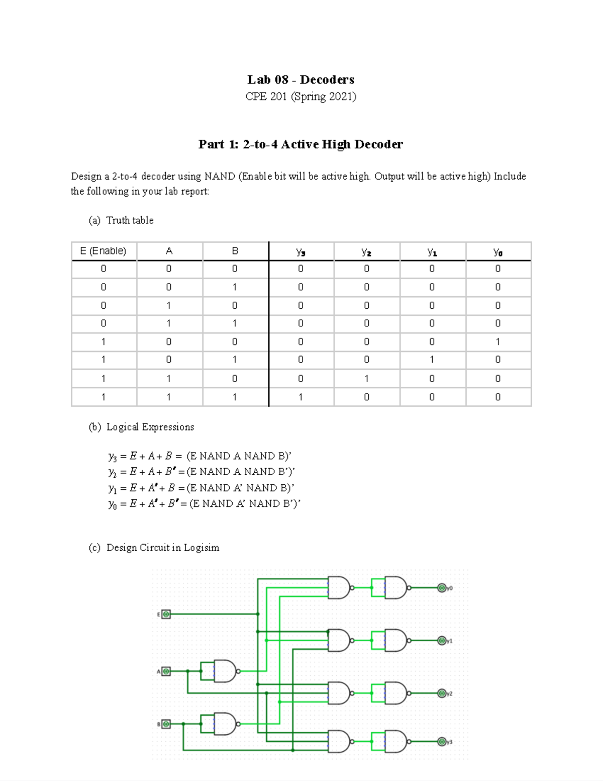 CPE 201 - Lab 08: Designing 2-to-4 Decoders Using NAND Logic - Studocu