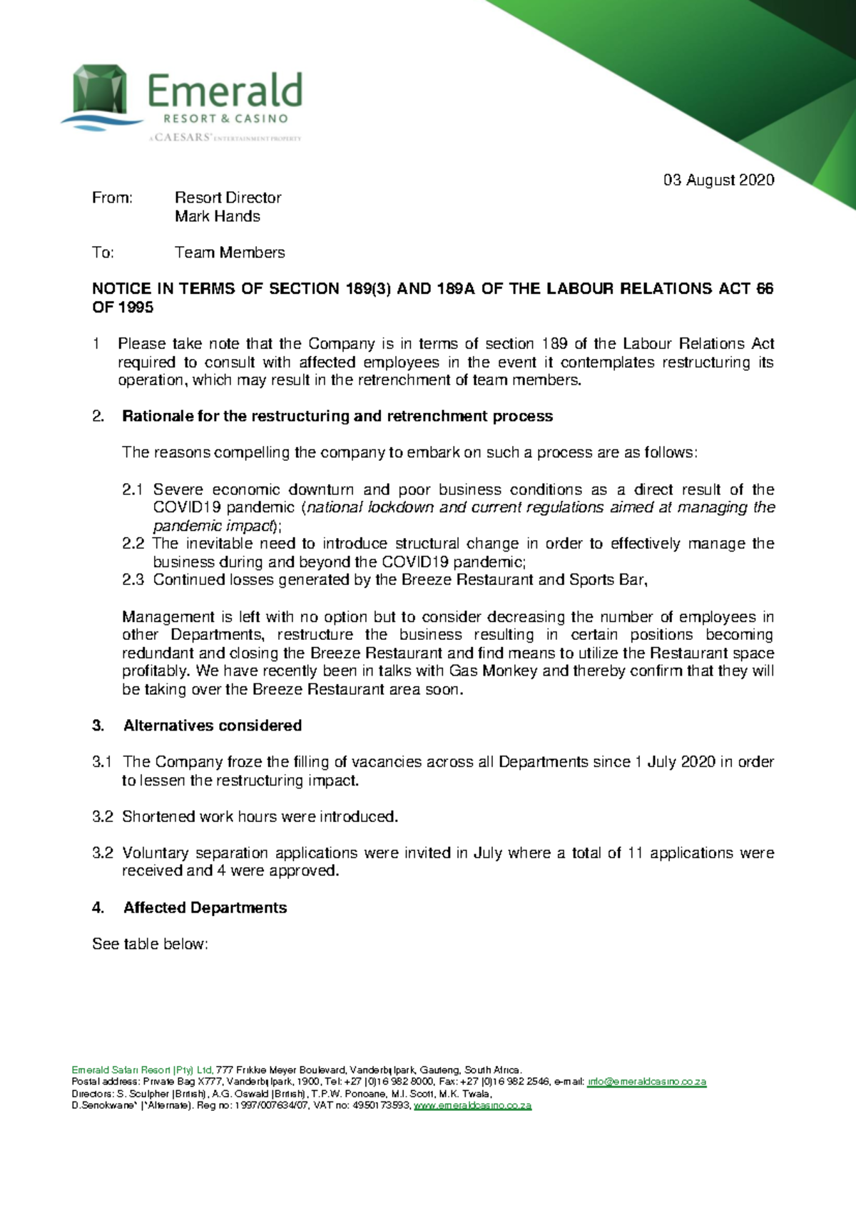 Section 189 Notice: Restructuring & Retrenchment - 03 Aug 2020 - Studocu