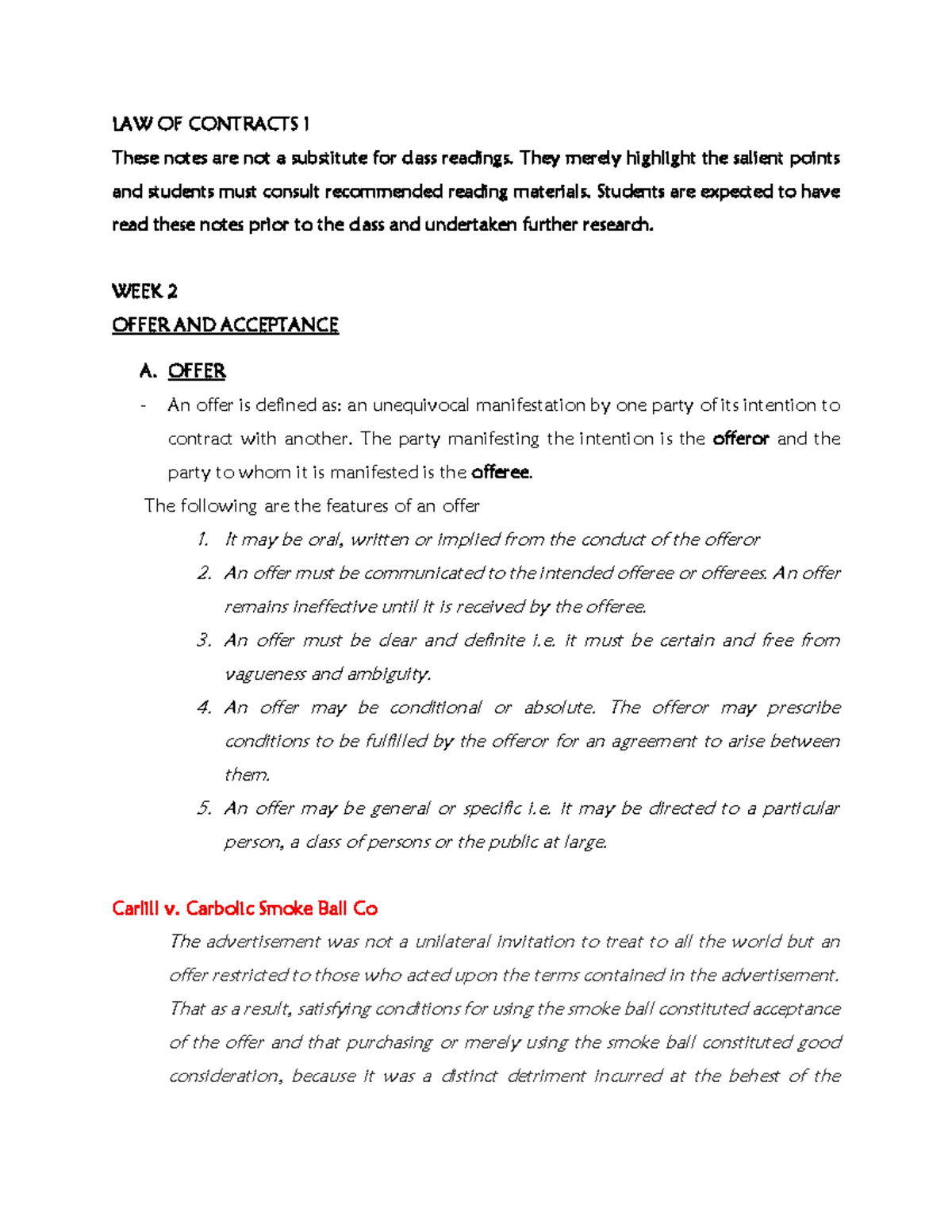 Contract Law I: Week 2 Notes on Offer and Acceptance (Sept 2025) - Studocu