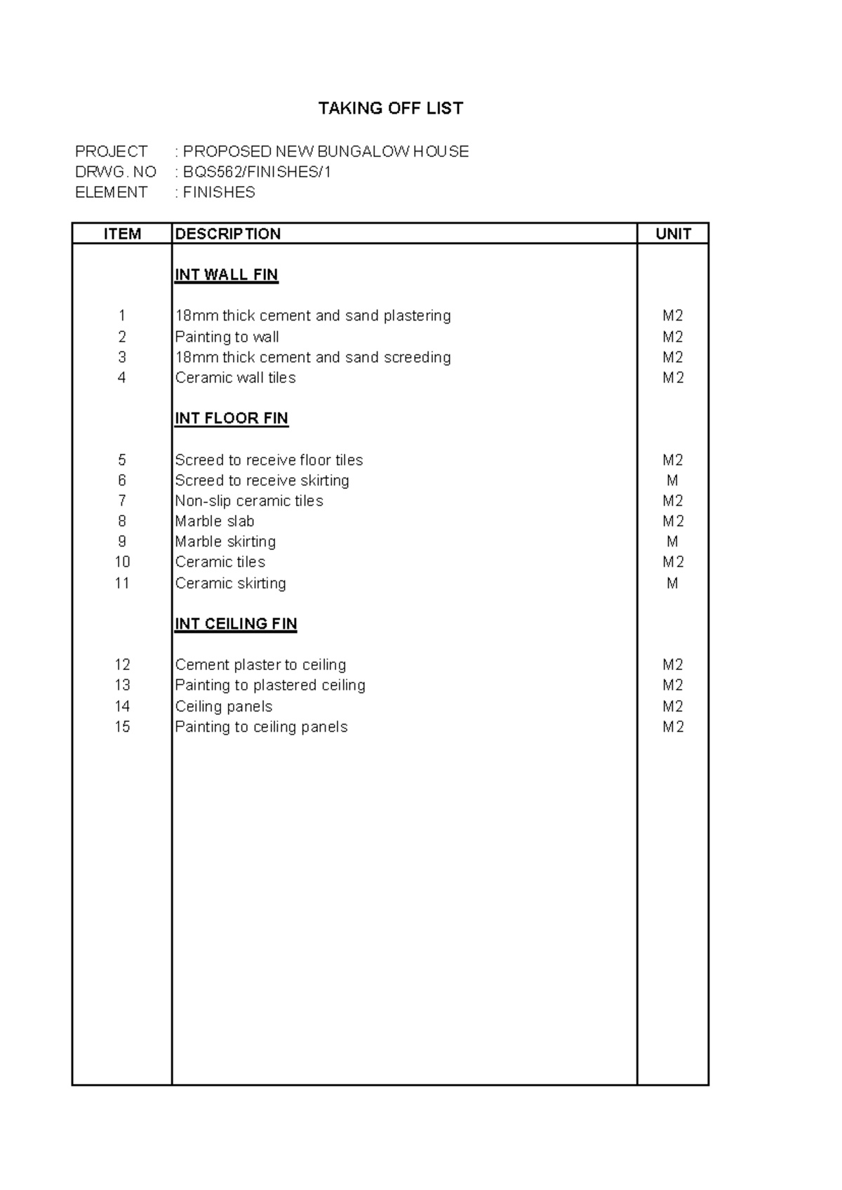 TAKING OFF LIST FOR PROPOSED BUNGALOW HOUSE - TOL - Studocu