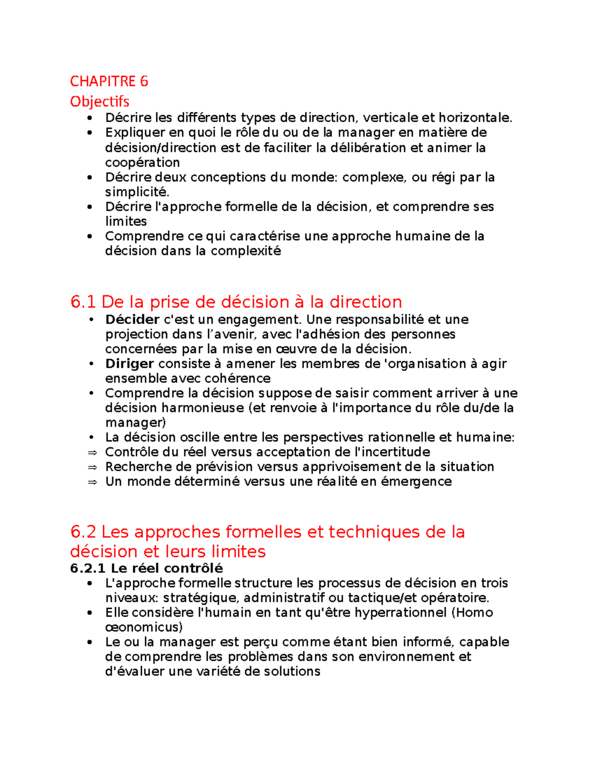 Chapitre 6: Approches de la Décision et Direction en Management - Studocu