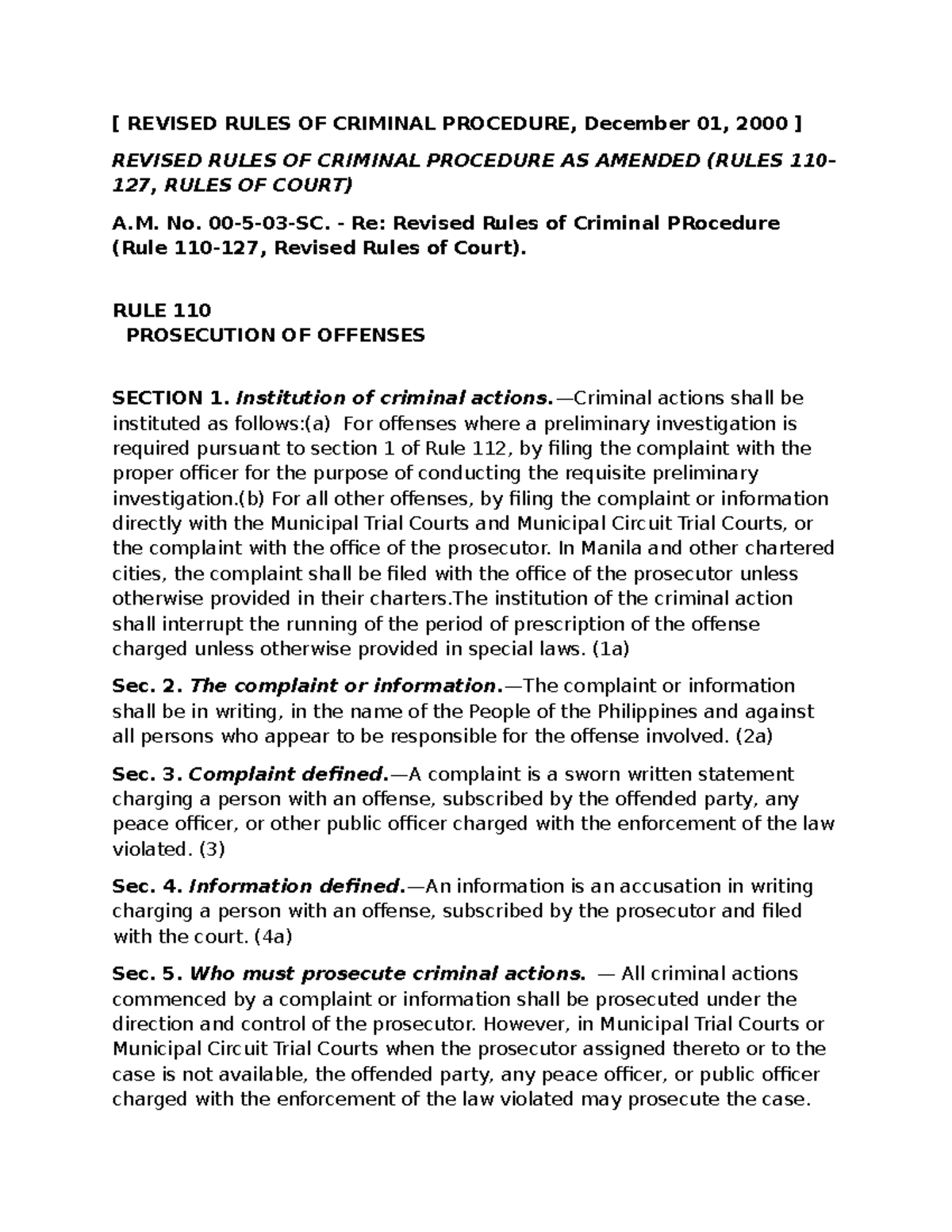 Revised Rules of Criminal Procedure (A.M. No. 110-127) - Studocu