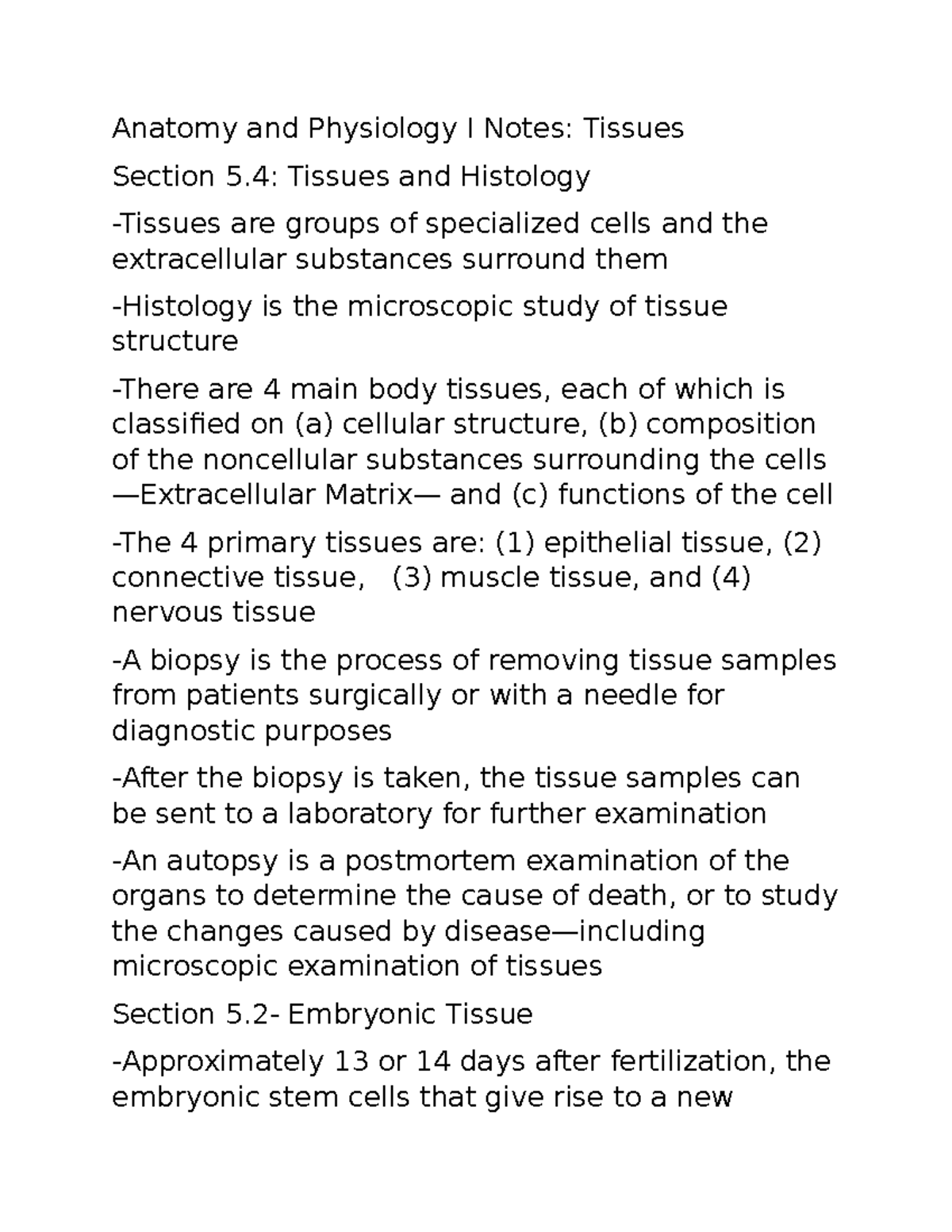 Anatomy and Physiology I: Tissues and Histology Notes - Studocu