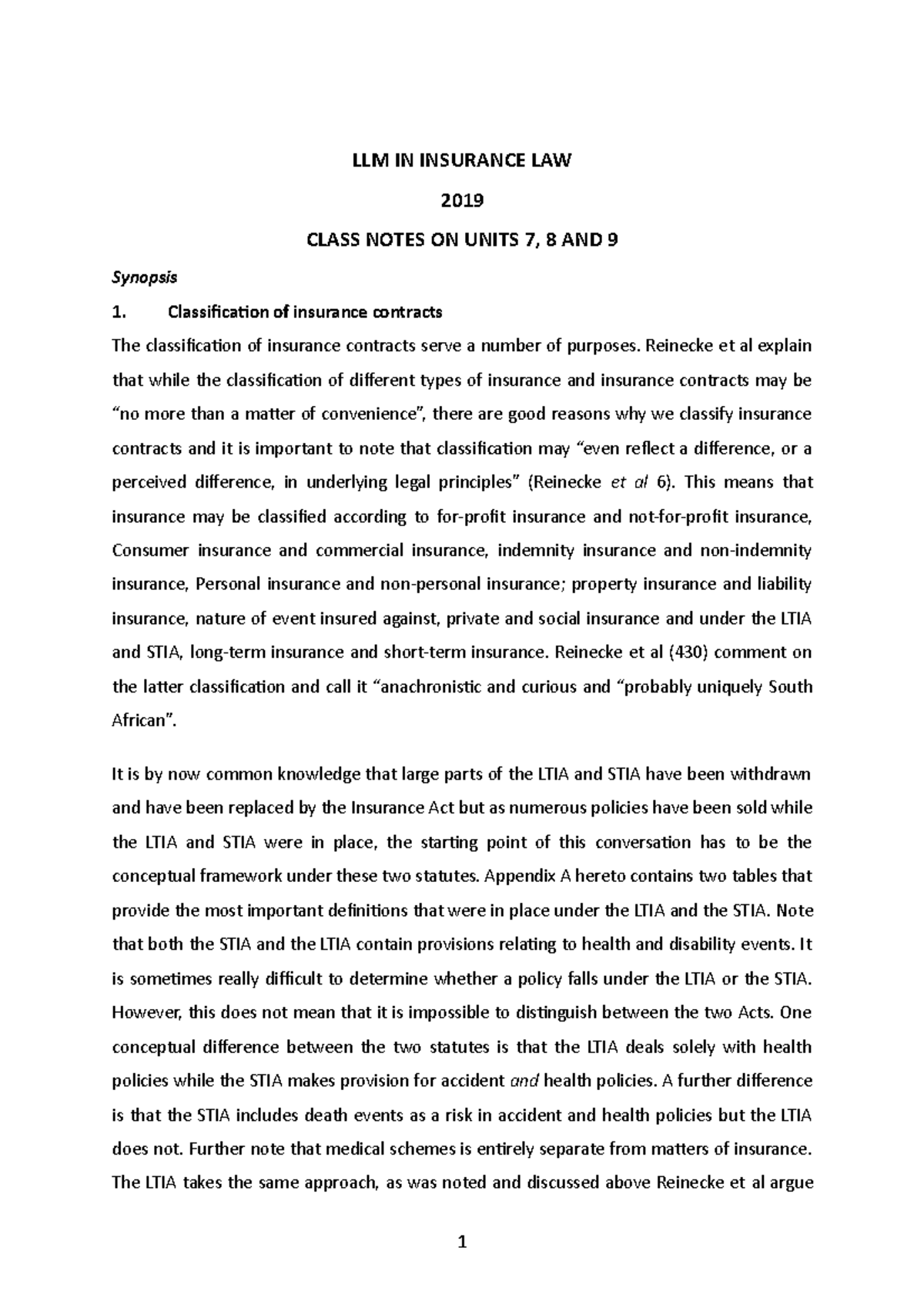 LLM Insurance Law Class Notes on Units 7, 8 & 9 (2019) - Studocu