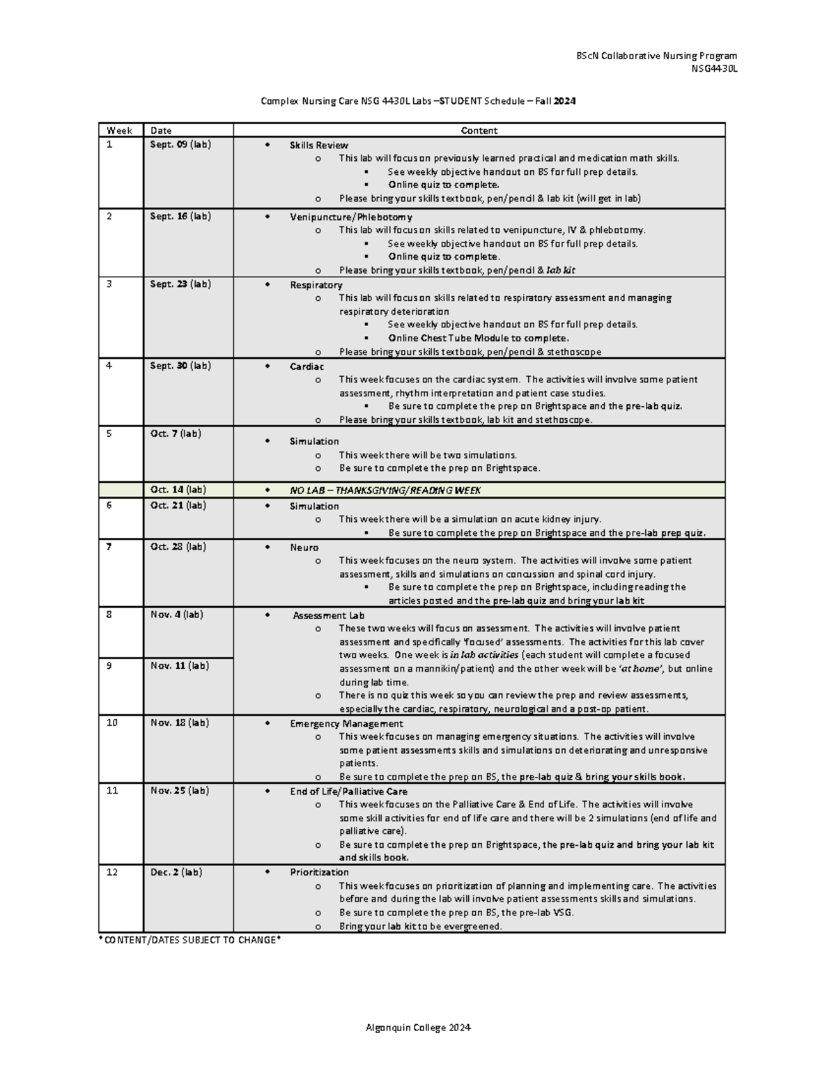 NSG4430L F24 Complex Nursing Care Lab Schedule - Student Guide 2024 ...