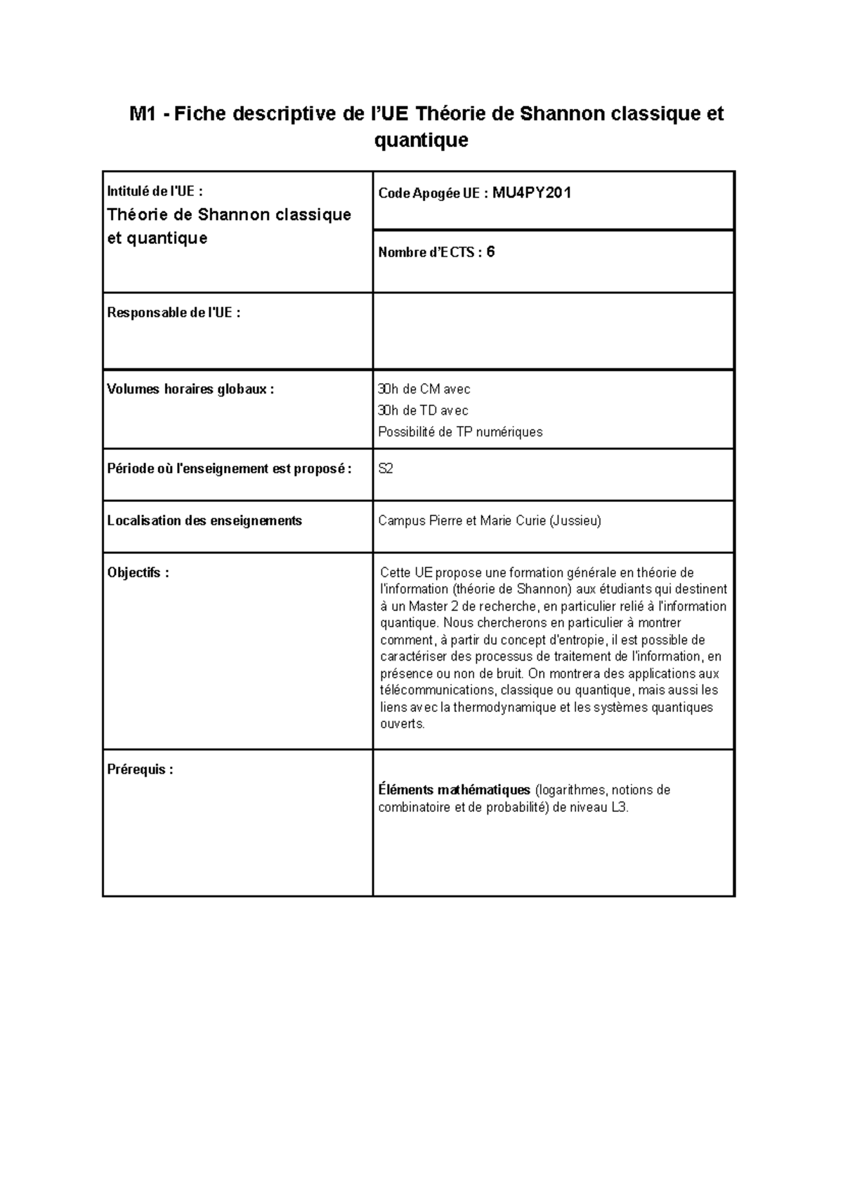 M1 - Fiche descriptive UE Théorie de Shannon classique et quantique-3 ...