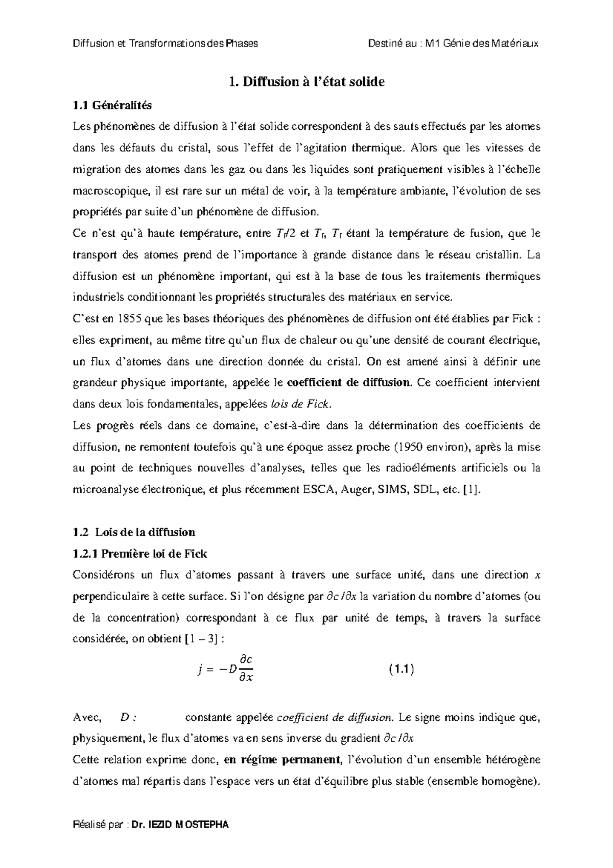 Cours 1 Diffusion à l'état solide et lois de Fick Studocu — free download