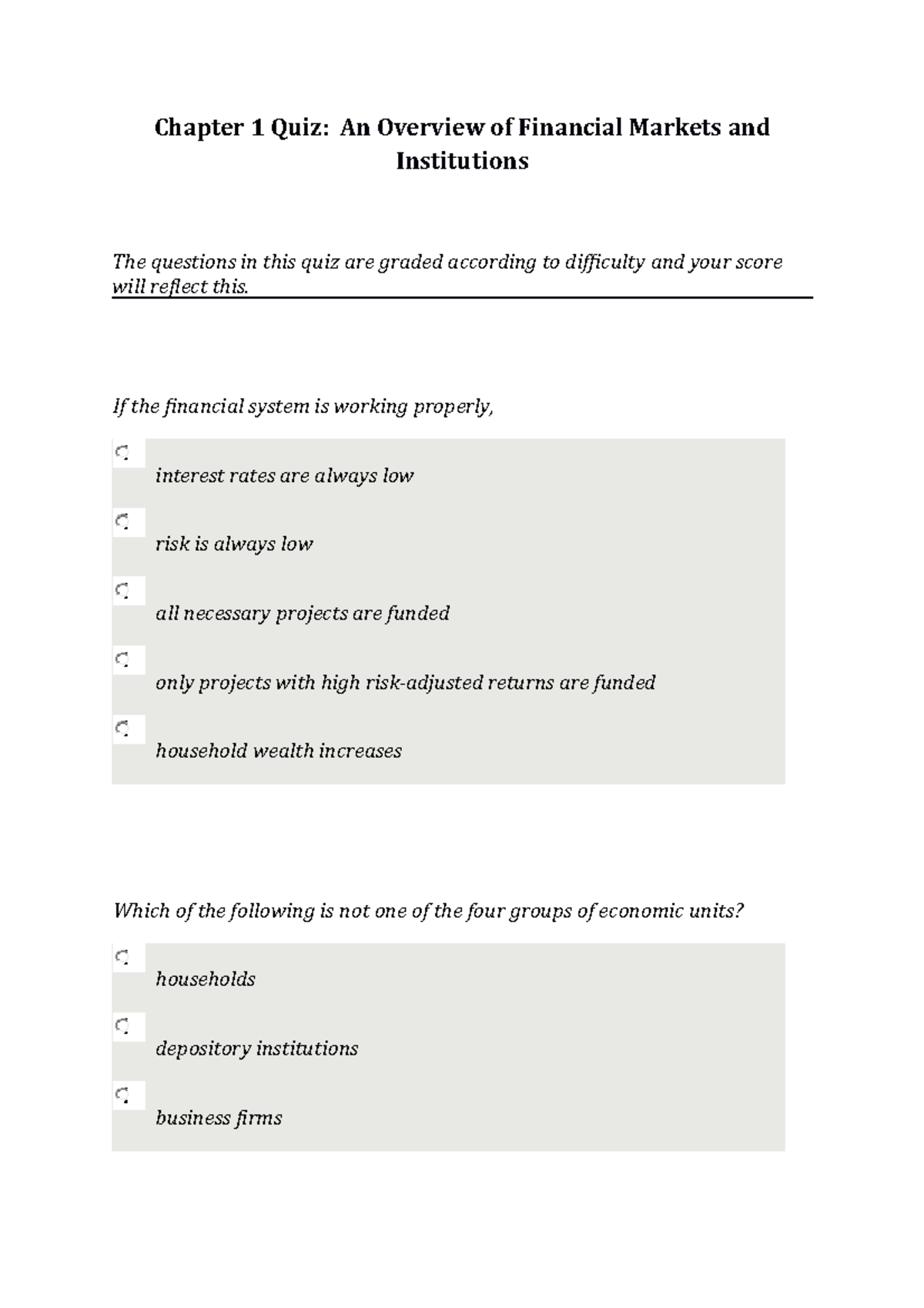 Chapter 1 & 8 Quizzes: Overview of Financial Markets (FIN101) - Studocu