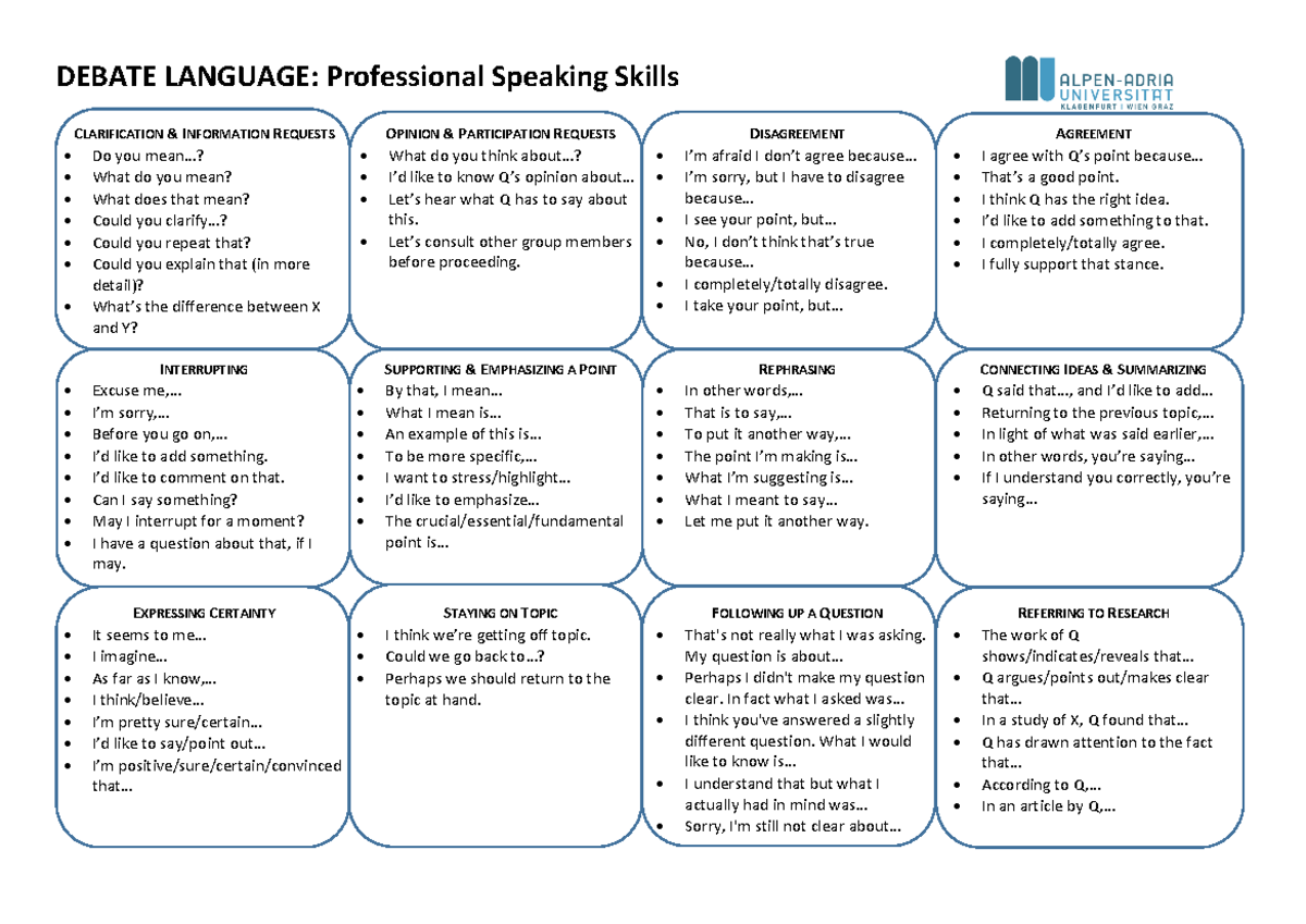 DEBATE LANGUAGE: Professional Speaking Skills Guide - Studocu