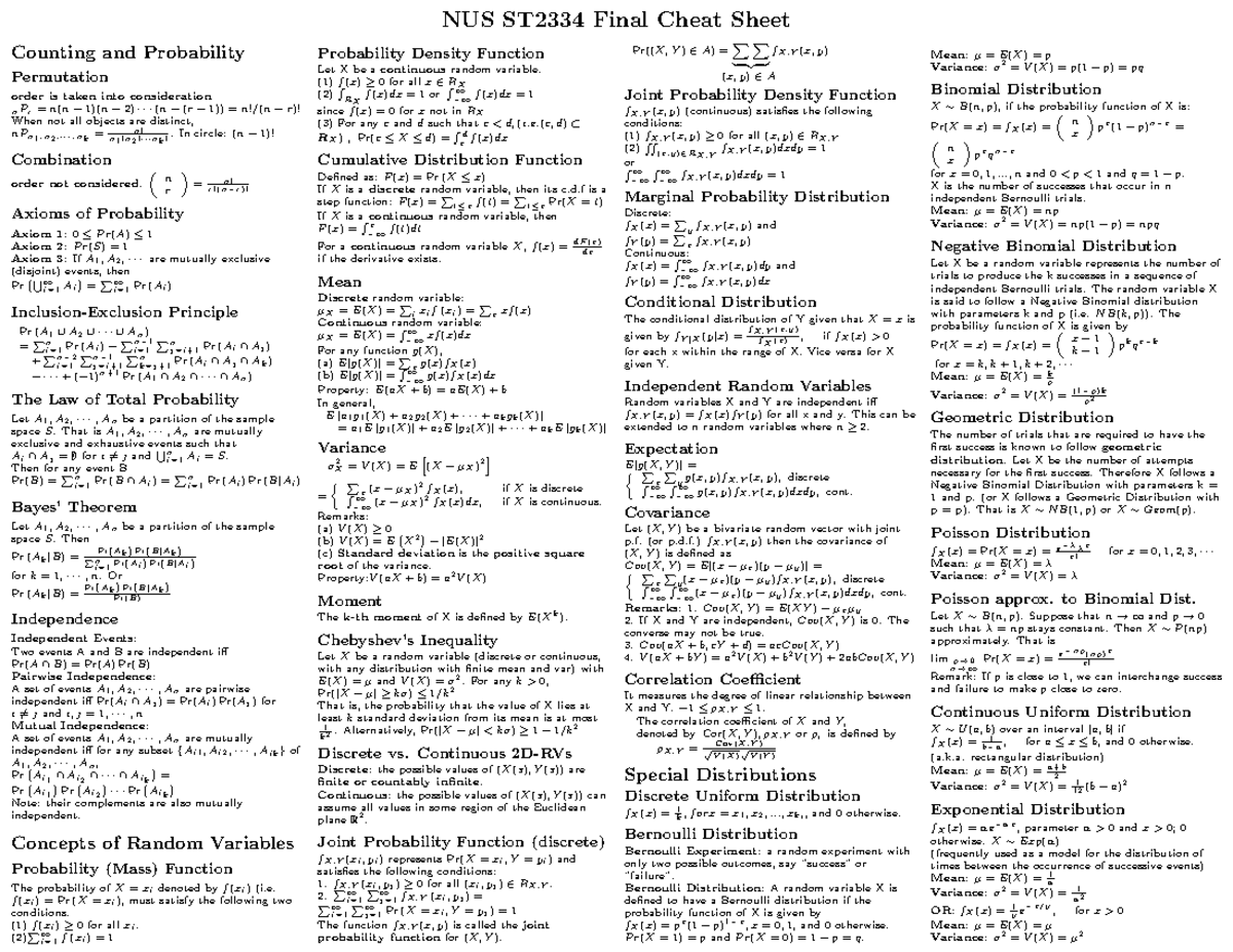 ST2334 final cheatsheet - NUS ST2334 Final Cheat Sheet Counting and ...