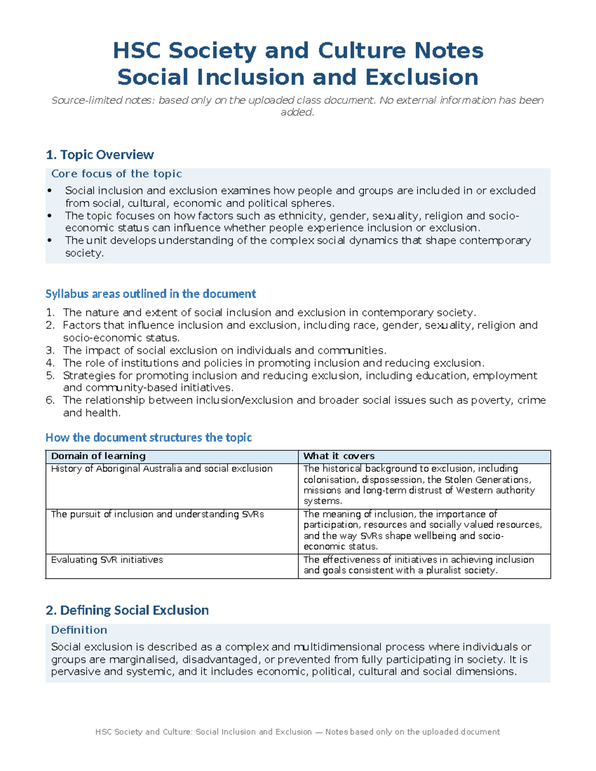 HSC Society and Culture: Comprehensive Notes on Social Inclusion ...