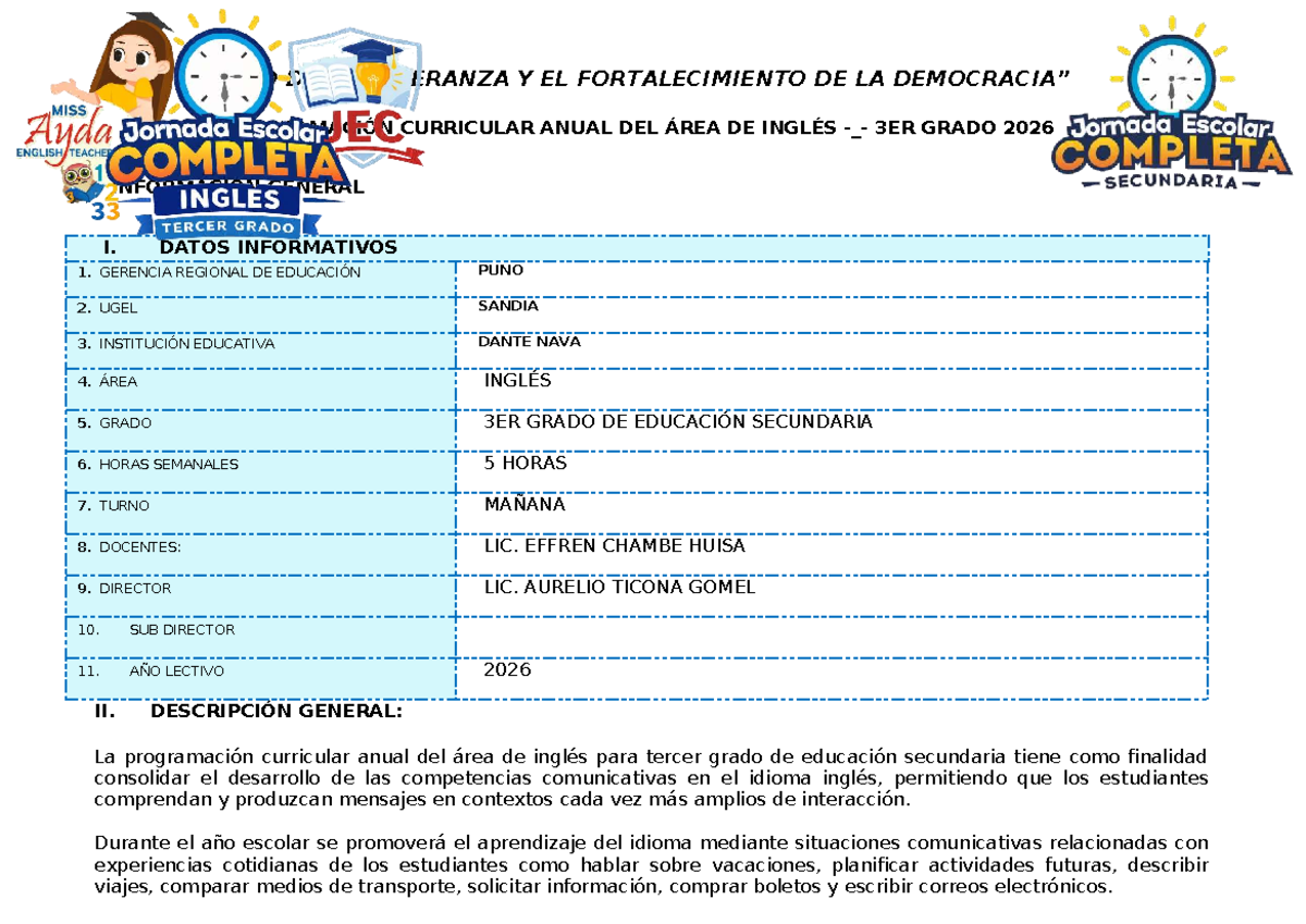 Programación Anual de Inglés 3ER Grado 2026: Fortalecimiento de ...