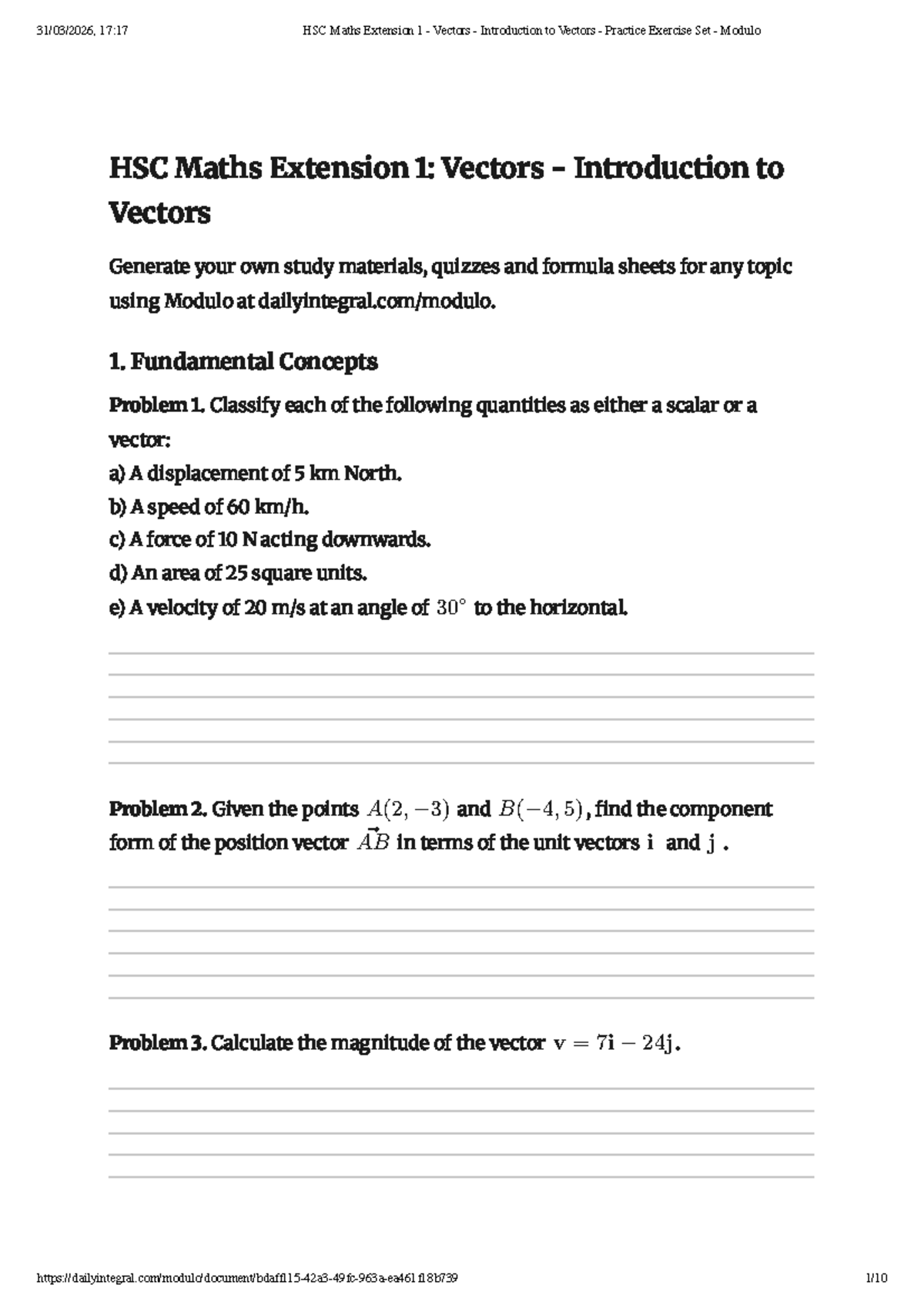 HSC Maths Extension 1: Vectors - Introductory Practice Exercises - Studocu