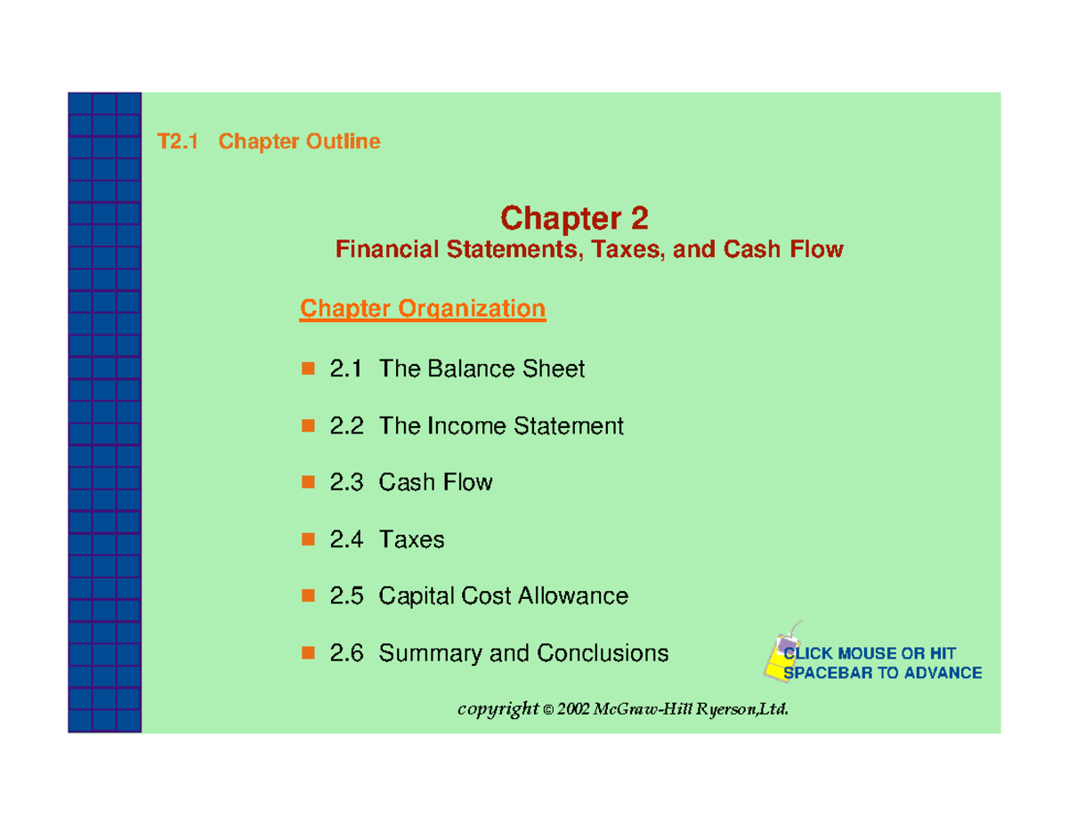 Chap002 - Chapter 2 - T2 Chapter Outline Chapter 2 Financial Statements ...