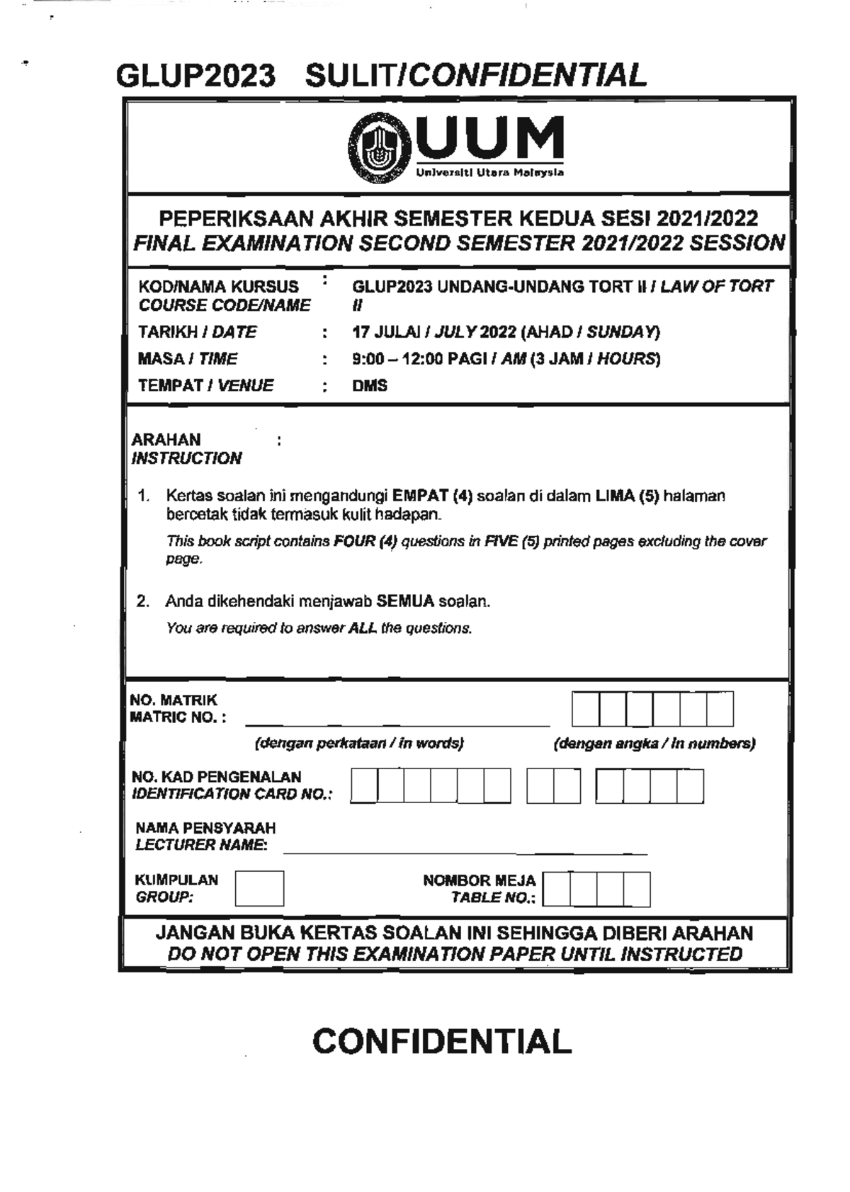 GLUP2023 Final Exam: Law of Tort I Questions and Instructions - Studocu