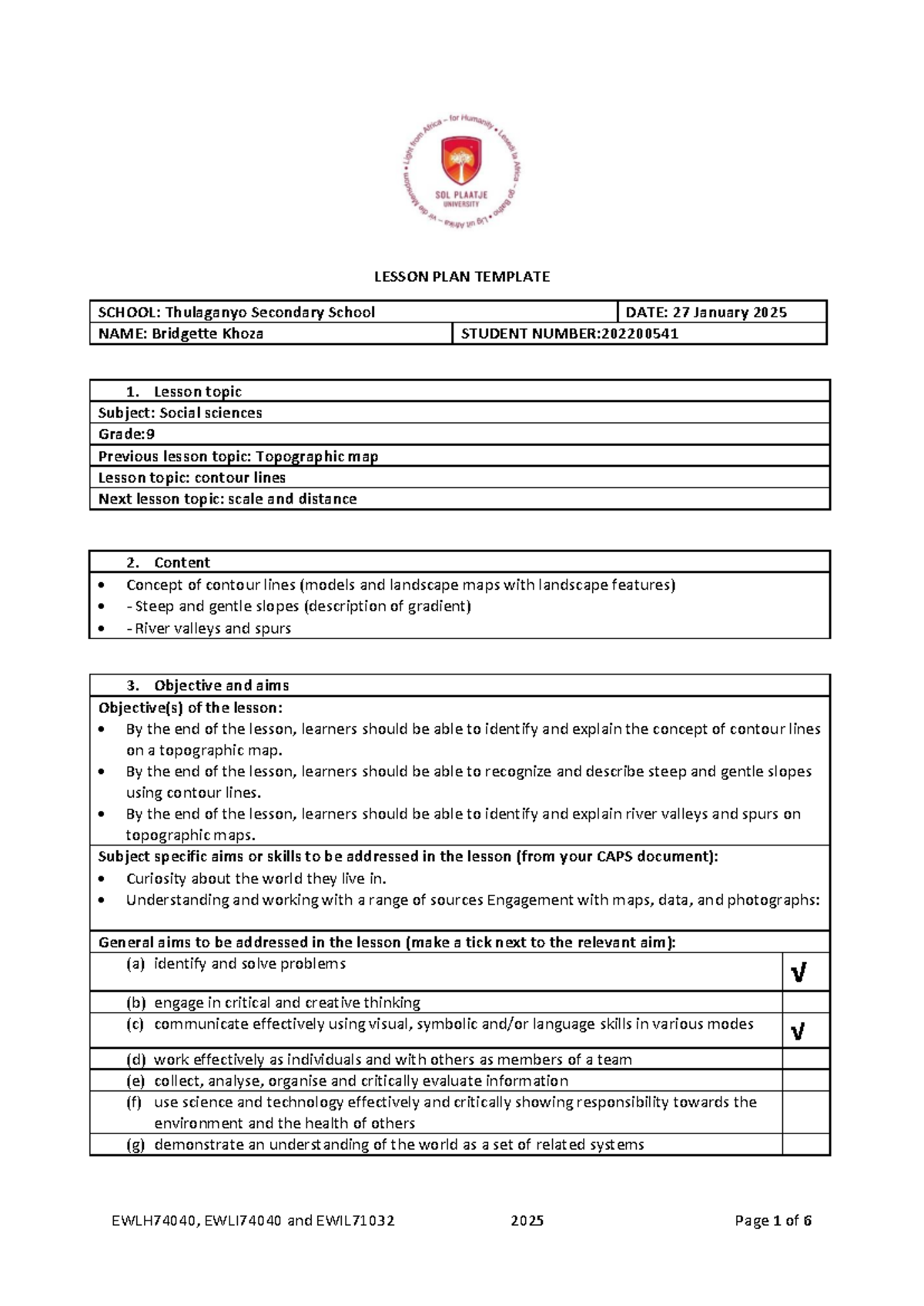 2025 - Lesson Plan on Contour Lines for Grade 9 Social Sciences - Studocu