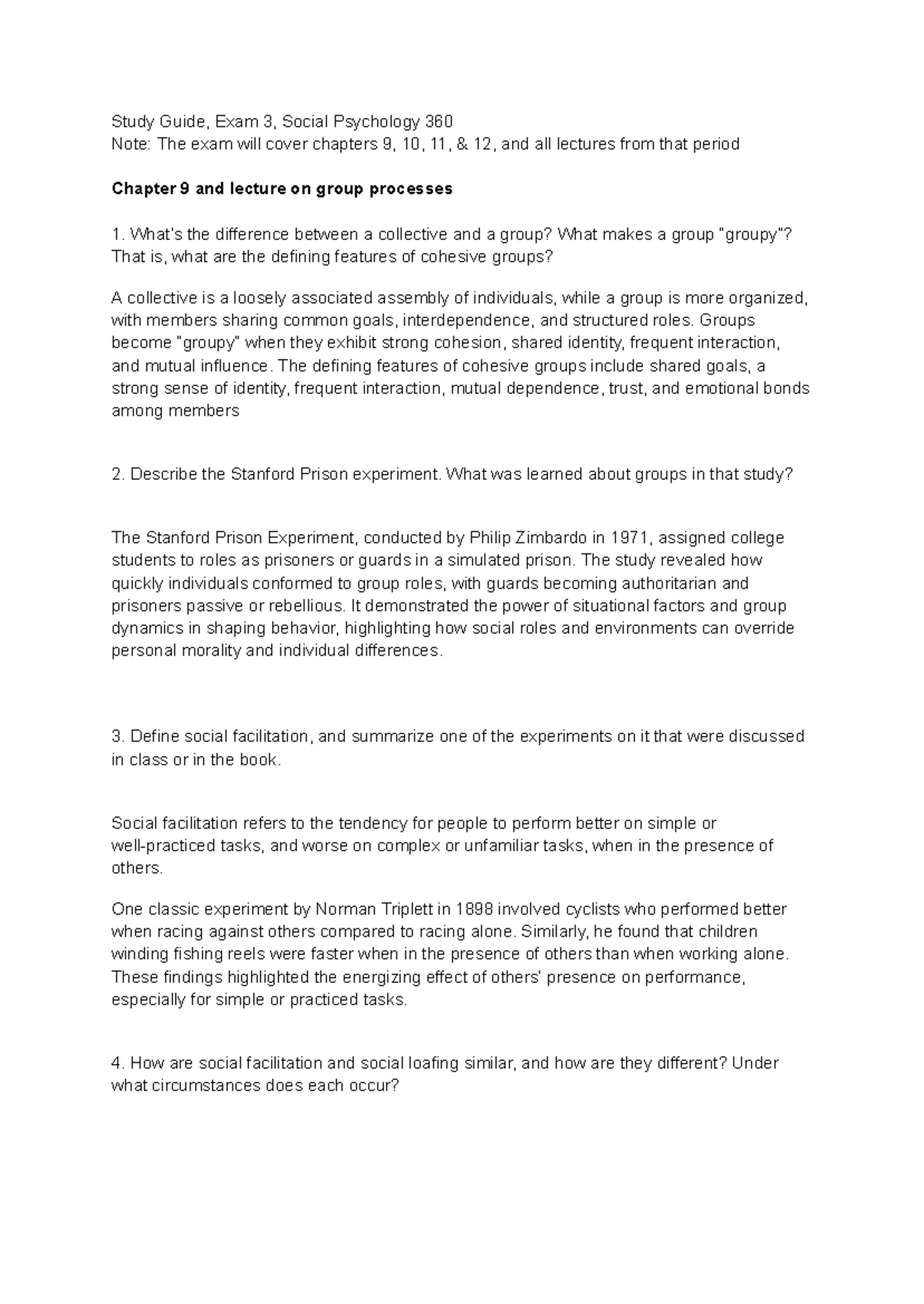 Study Guide exam 3 - Study Guide, Exam 3, Social Psychology 360 Note ...