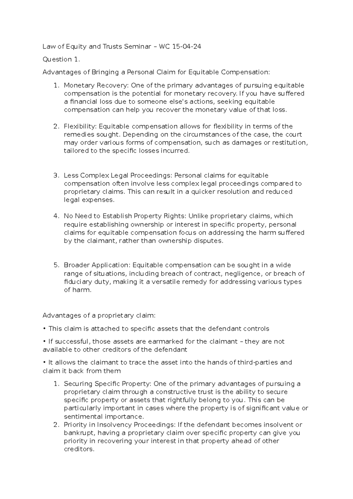 Law of Equity and Trusts Seminar Notes - WC 15-04-24 - Studocu