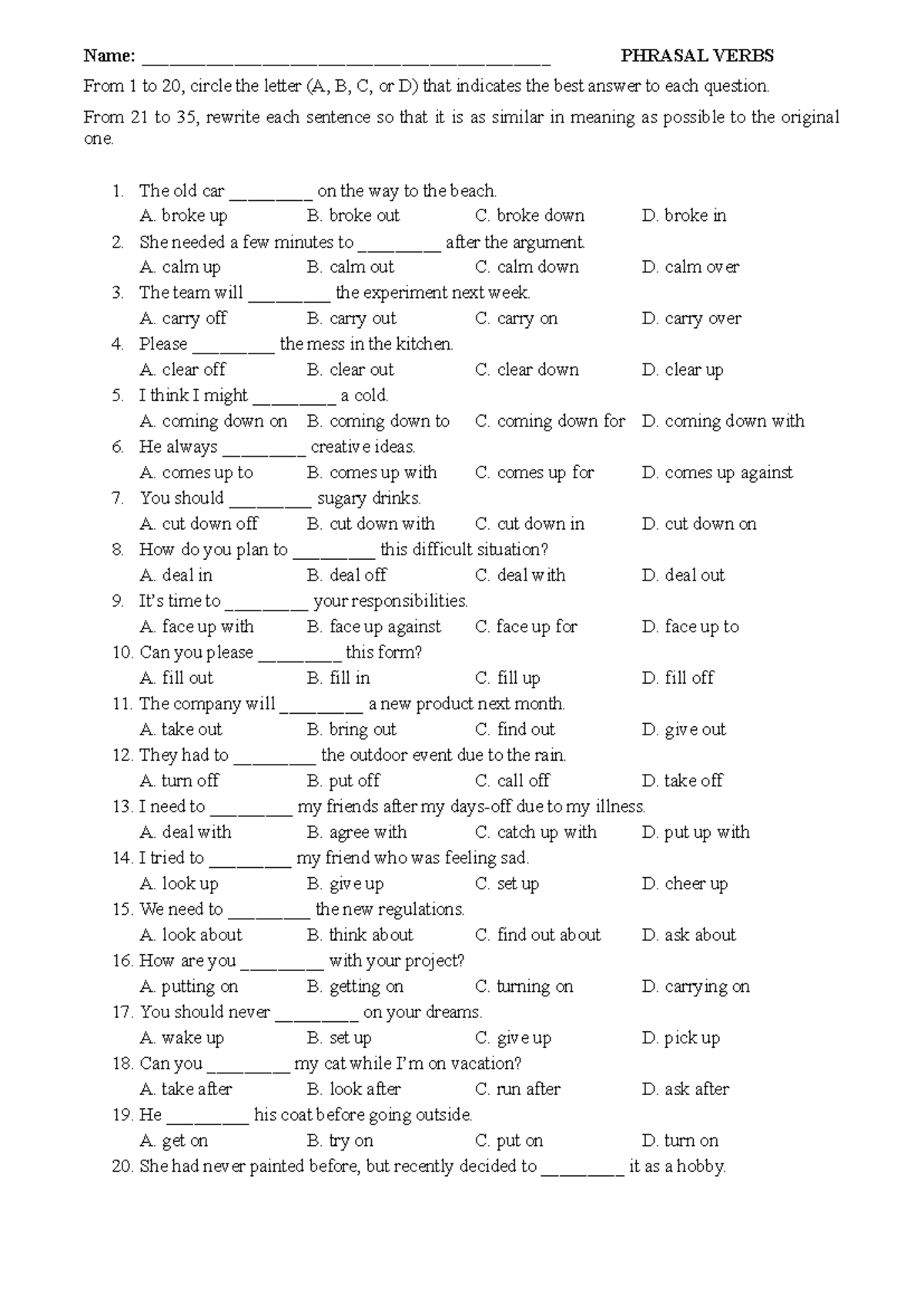 Eng 9 Phrasal Verbs Practice: Questions 1-20 & Sentence Rewrites 21-35 ...