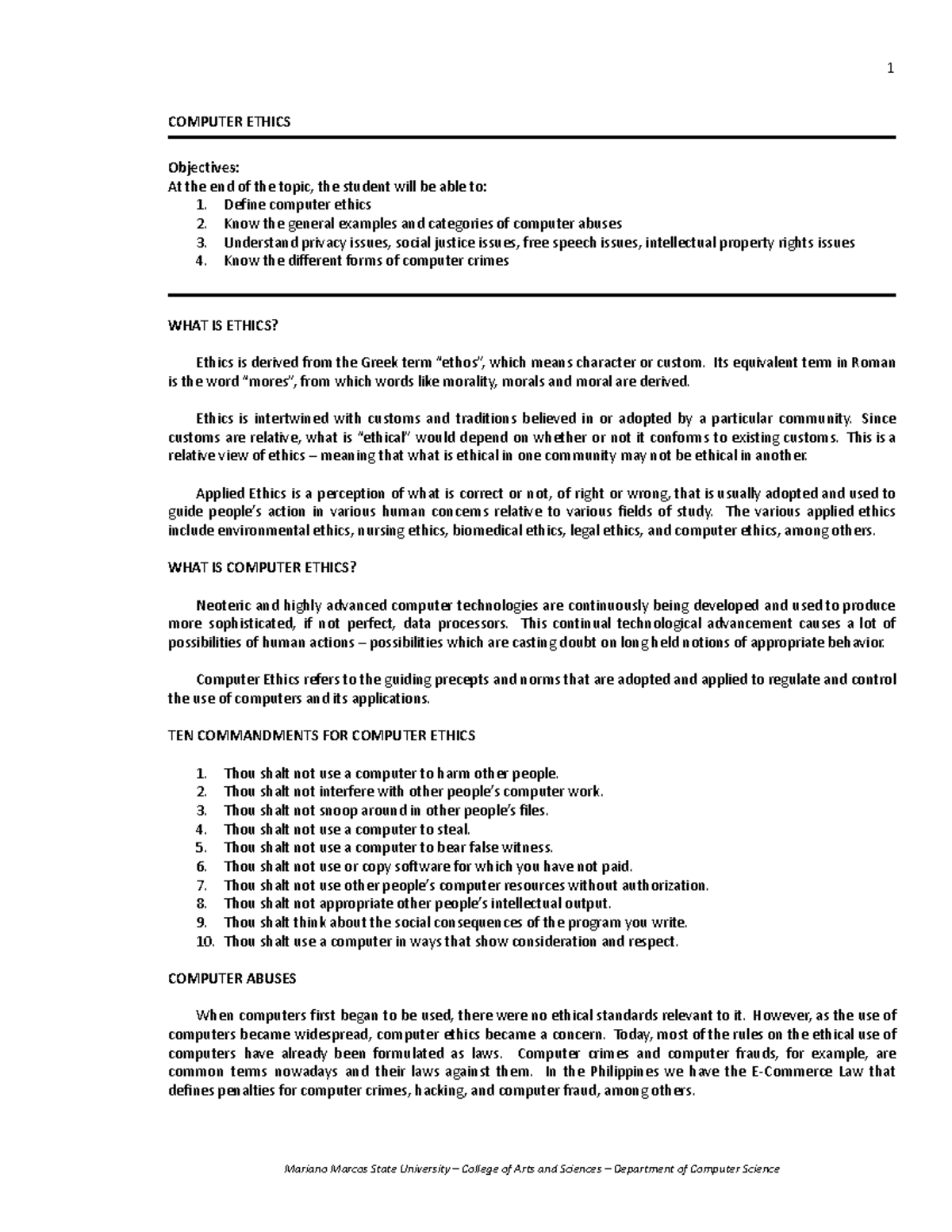 Computer Ethics - Lecture Notes on Principles and Issues - Studocu