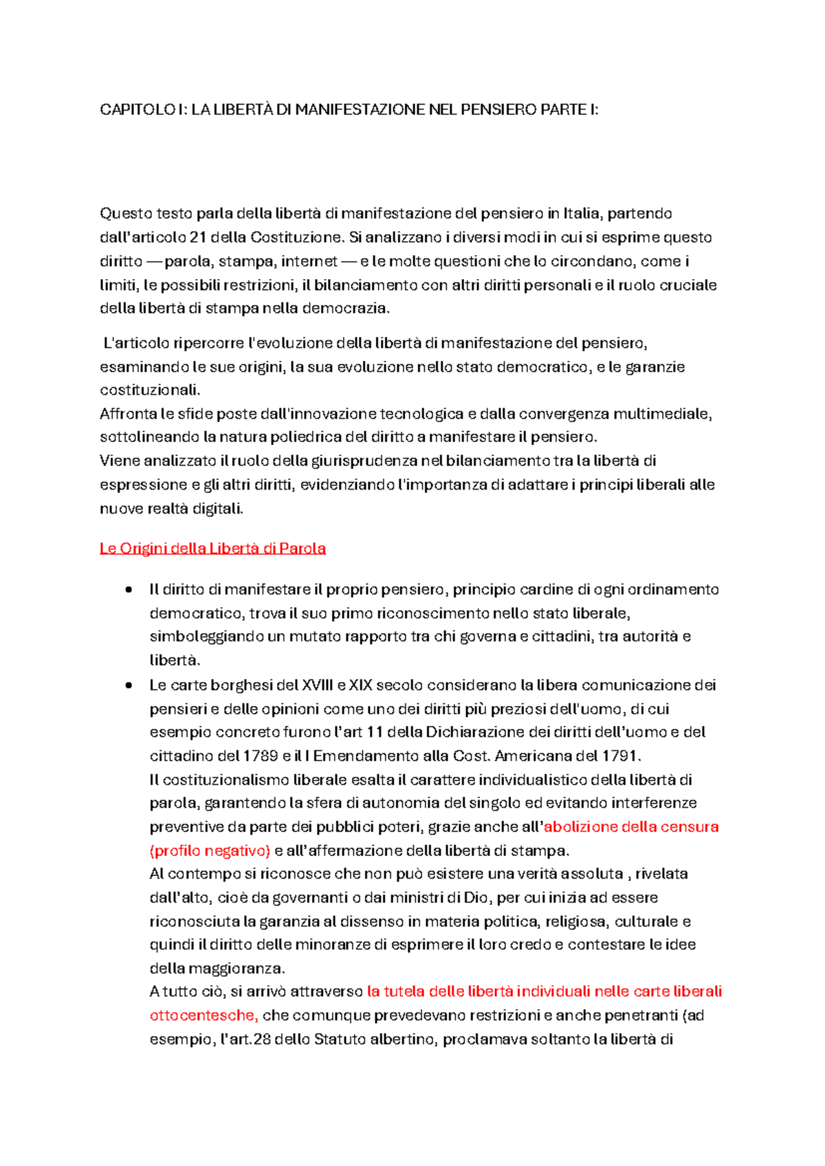 CAPITOLO I: LA LIBERTÀ DI MANIFESTAZIONE DEL PENSIERO IN ITALIA - Document Preview