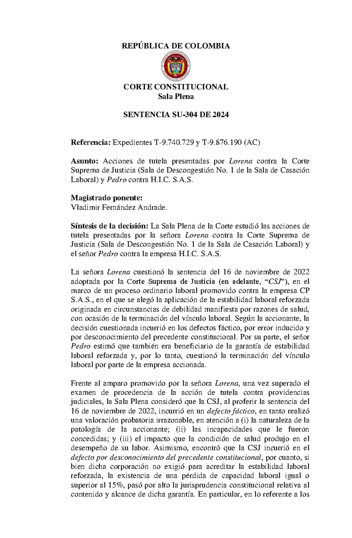 SENTENCIA DE 2024: ESTABILIDAD LABORAL REFORZADA (AC) - CORTE