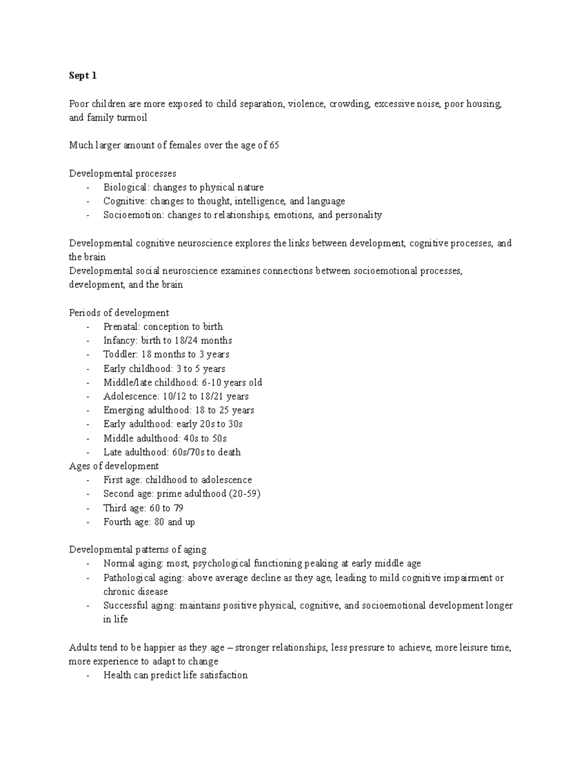 Sept 1 HD 1130 Lecture Notes on Developmental Processes and Aging - Studocu