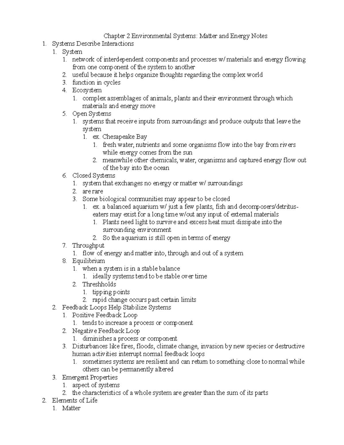 Chapter 2 - Matter and Energy: Environmental Systems Notes - Studocu