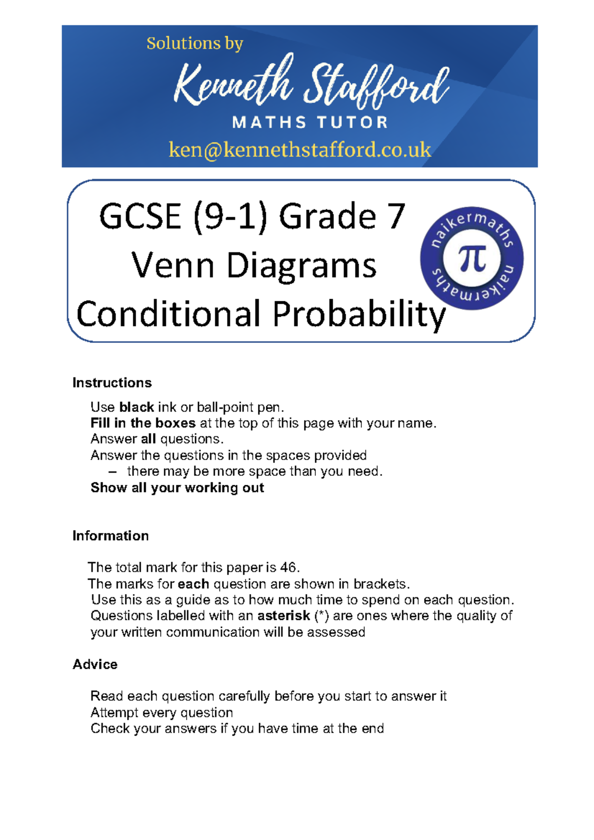 Venn Diagrams & Conditional Probability Solutions for GCSE Maths (Total ...
