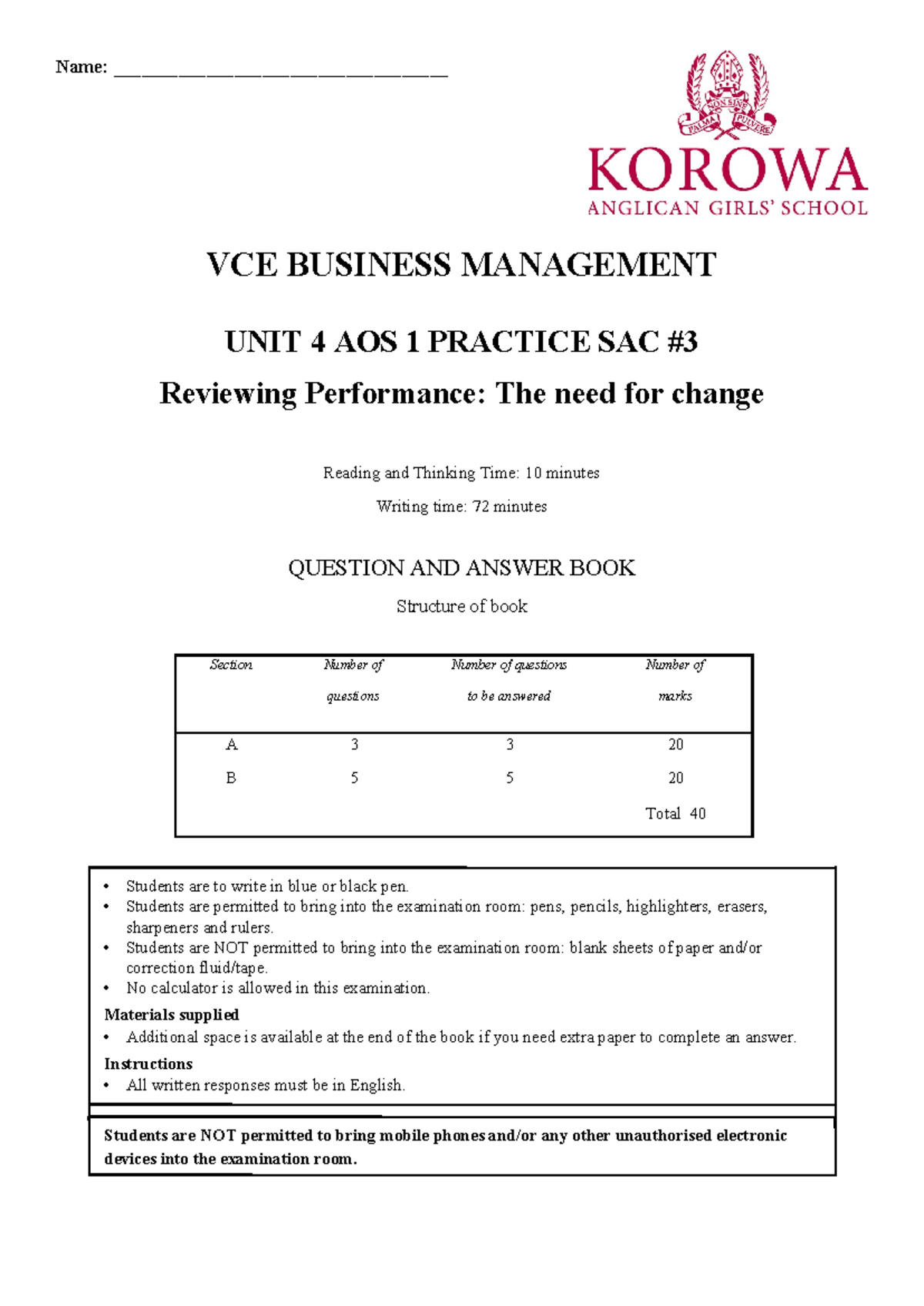 U4AOS1 Practice SAC #3 - Reviewing Performance & Change Analysis - Studocu
