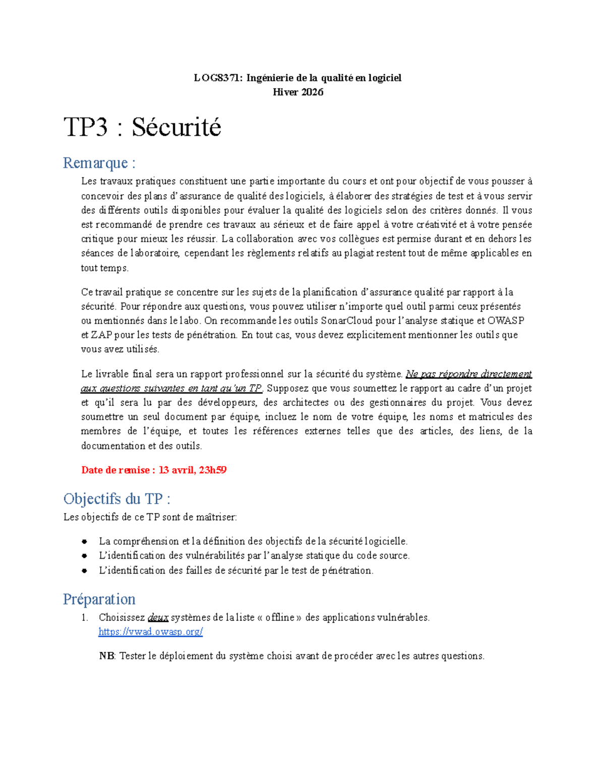 LOG8371: TP3 Sécurité - Ingénierie de la Qualité Hiver 2026 - Studocu