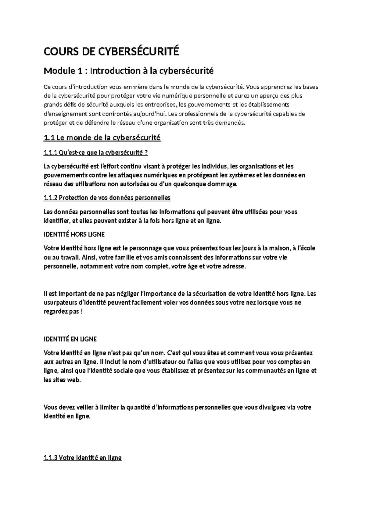 COURS DE CYBERSÉCURITÉ - Module 1 : Introduction et Concepts Clés - Studocu