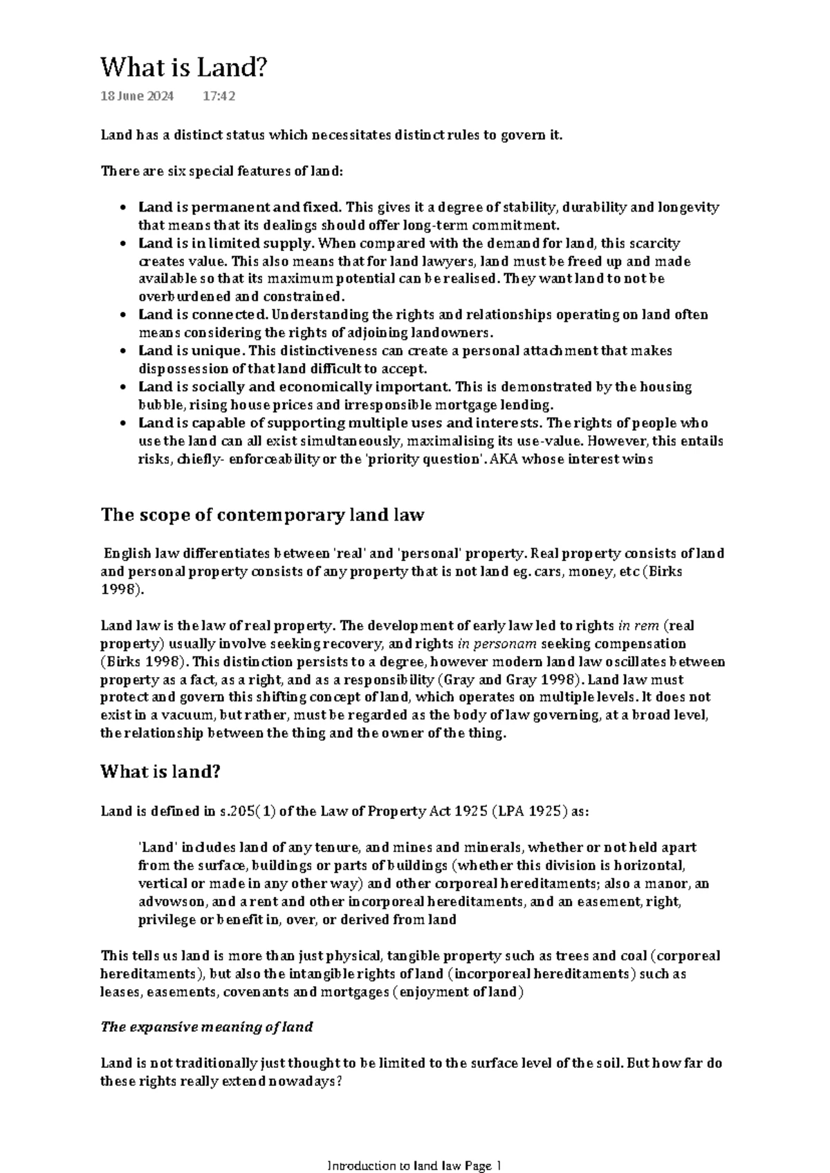 Introduction to Land Law (LAW101): Key Concepts and Features - Studocu