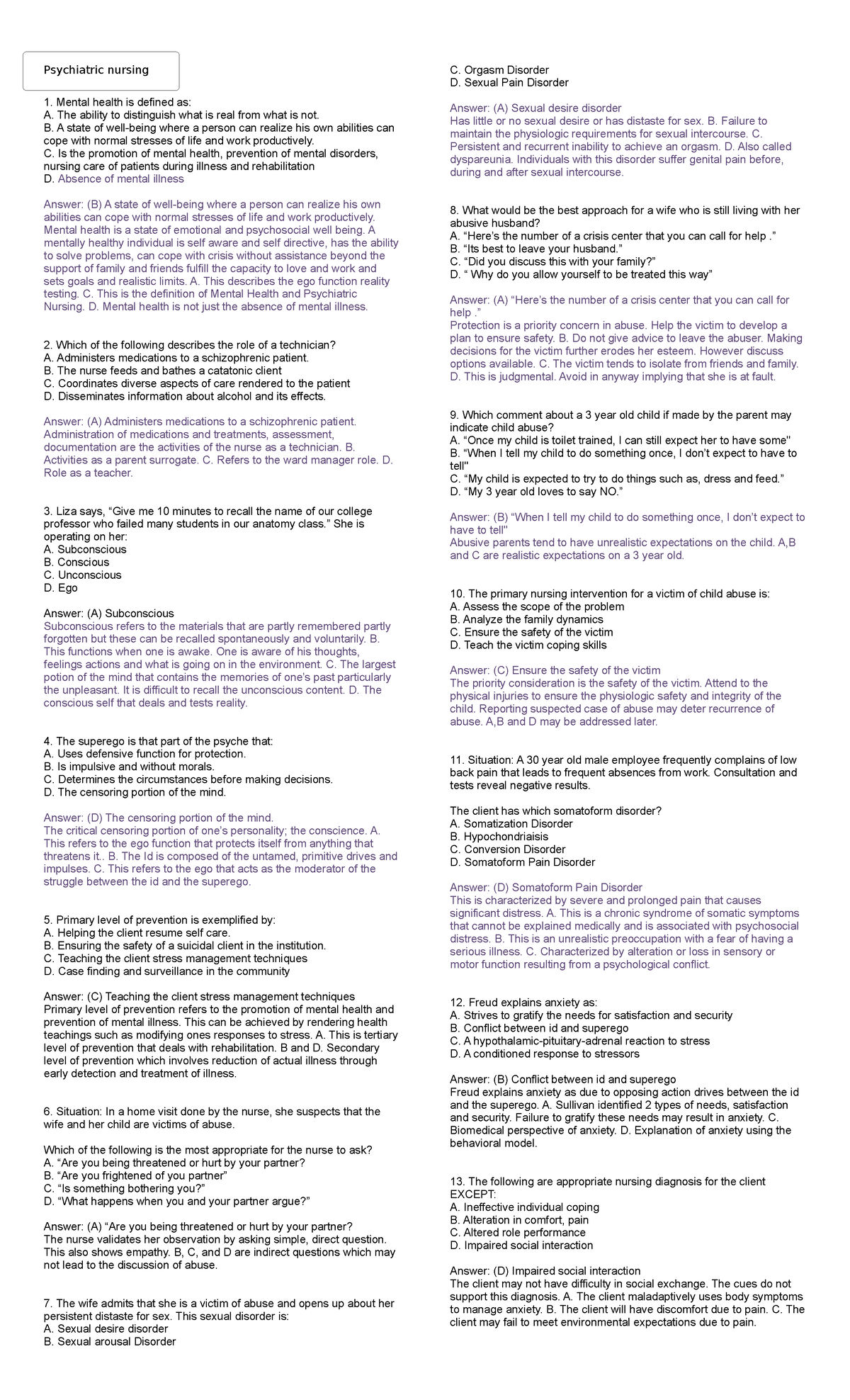 Psychiatric Nursing Exam Questions with Rationale for Review - Studocu