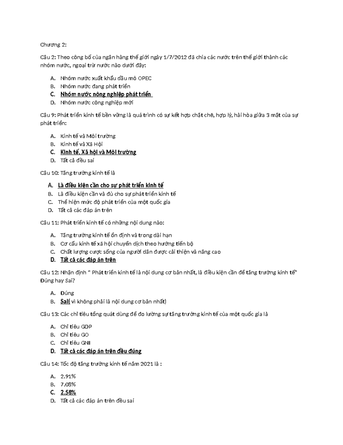 Câu hỏi trắc nghiệm Kinh tế phát triển (KTPH211) - Chương 2 đến 6 - Document Preview