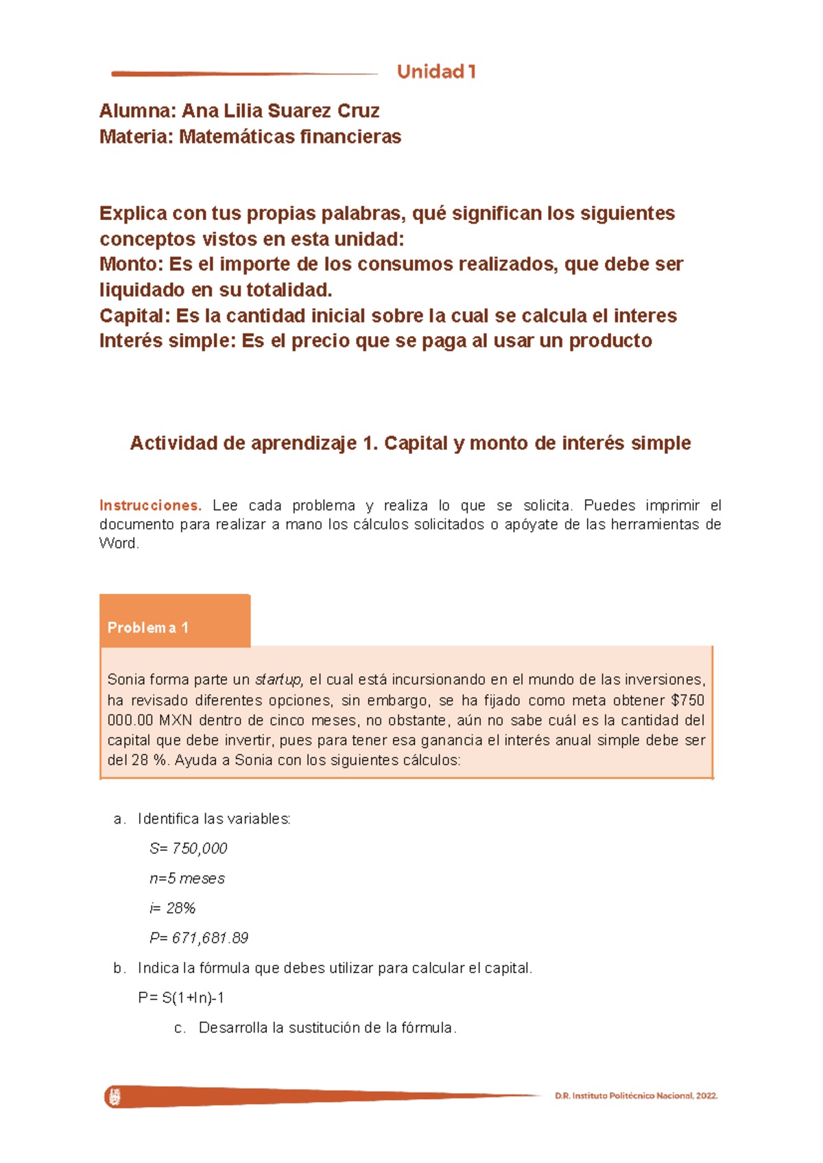 U1ACT1 - Monto y Capital en Interés Simple en Matemáticas Financieras ...