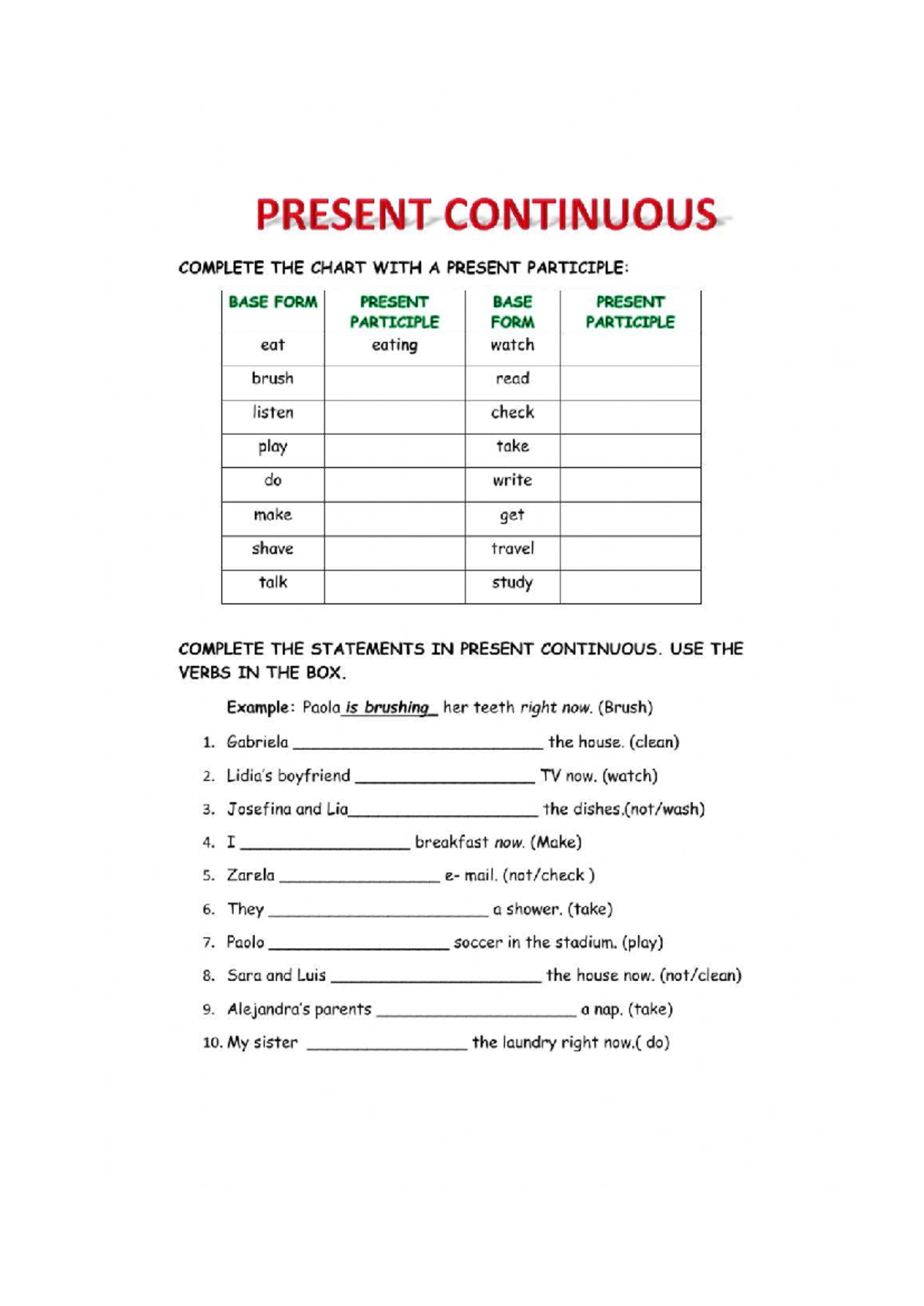 Present Continuous: Complete the Chart & Statements - Studocu