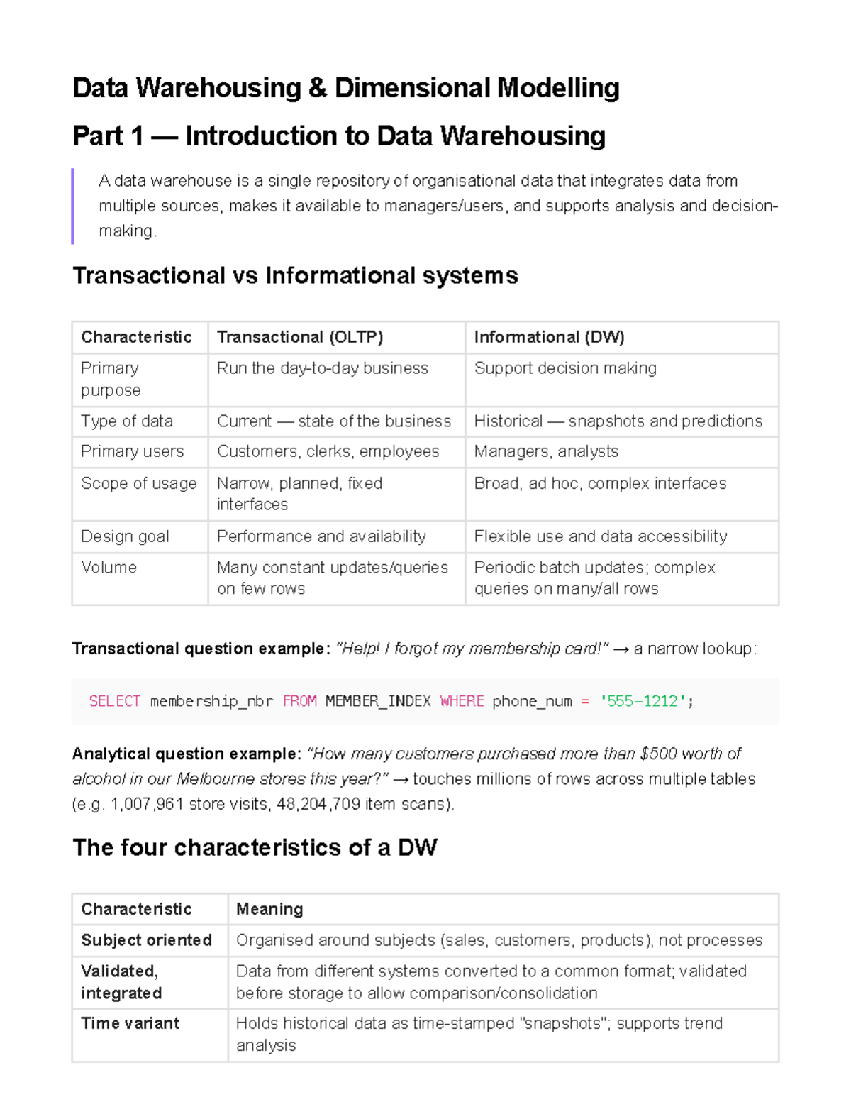 Data Warehousing & Dimensional Modelling Part 1: Intro to DW - Studocu