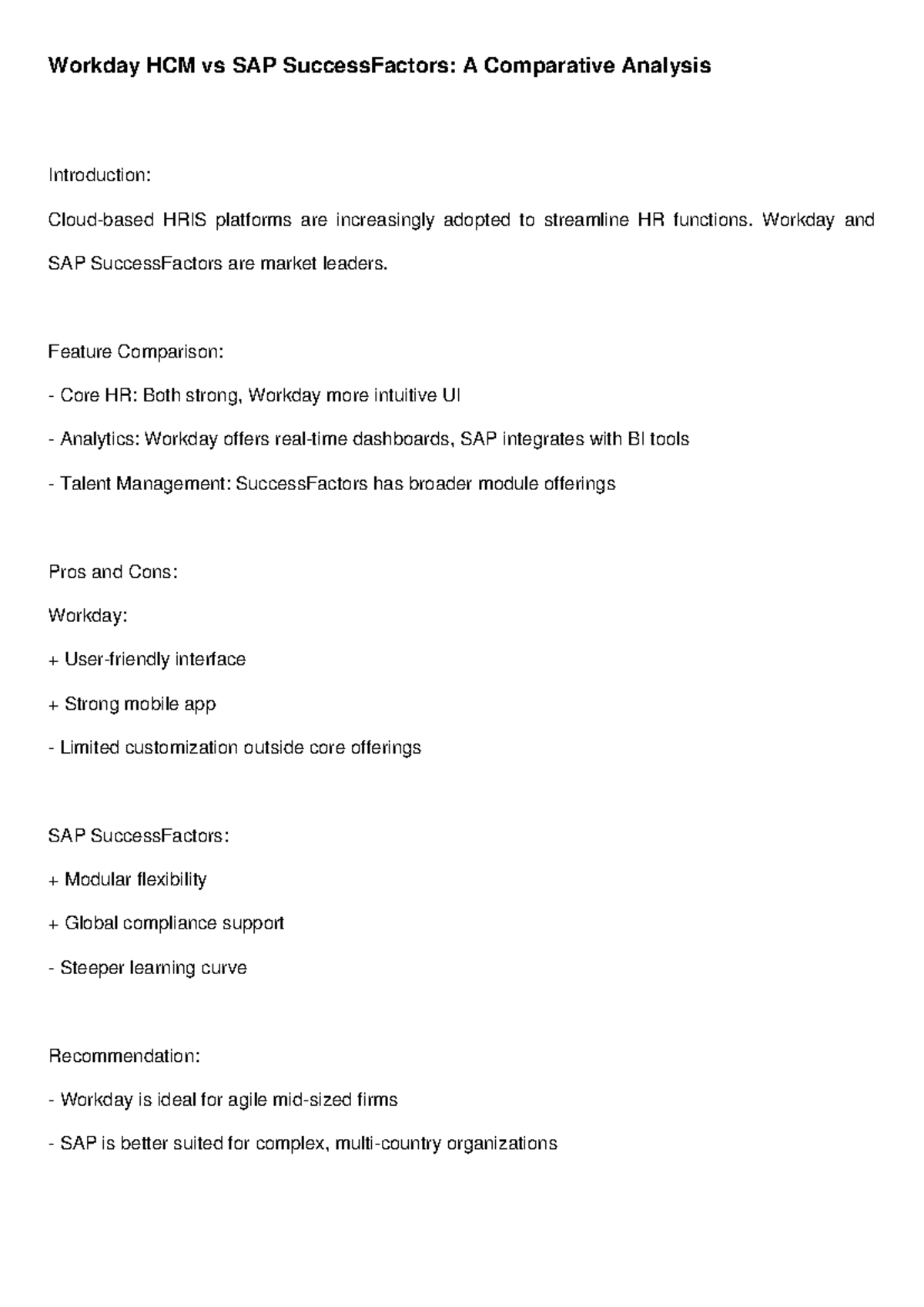 Assignment 3 - Employee Engagement Summary - Workday HCM vs SAP ...