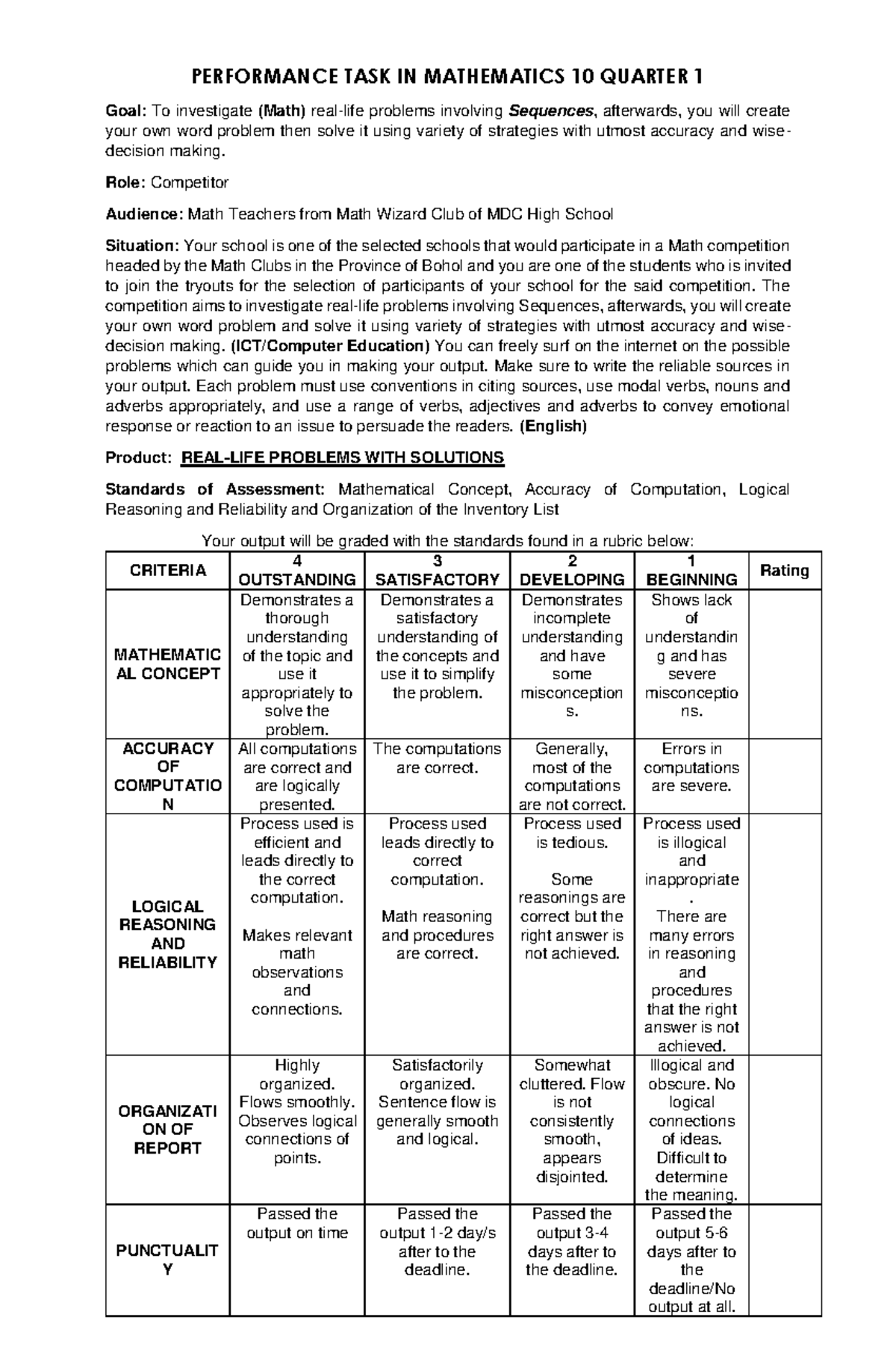 Math 10 Q1 Performance Task - PERFORMANCE TASK IN MATHEMATICS 10 ...