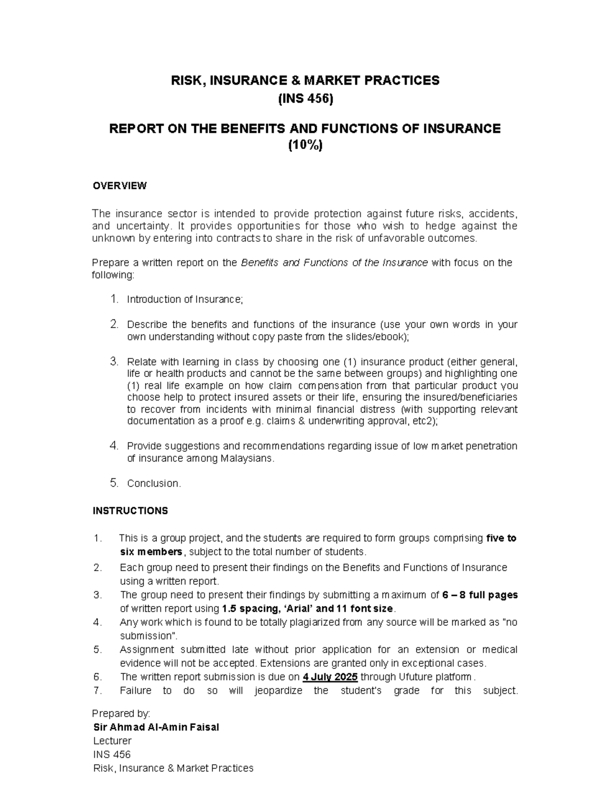 INS 456 Group Assignment: Benefits & Functions of Insurance Report ...