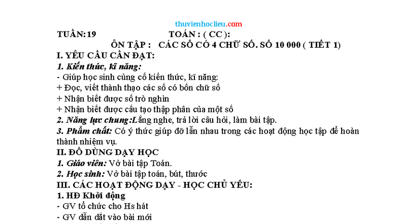 TOÁN CC: ÔN TẬP CÁC SỐ CÓ 4 CHỮ SỐ (TIẾT 1 & 2) - Studocu