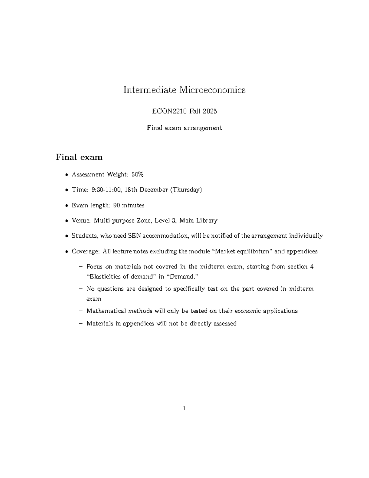 Intermediate Microeconomics ECON2210 Fall 2025 Final Exam Guidelines ...