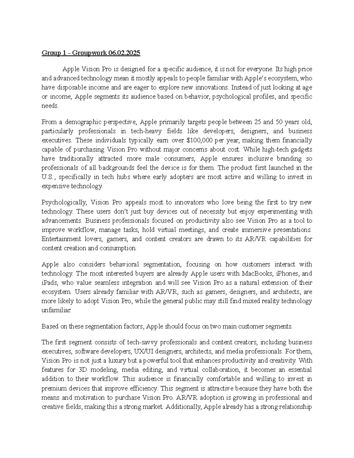 Case Study: Customer Segmentation for Apple Vision Pro (Group 1) - Studocu
